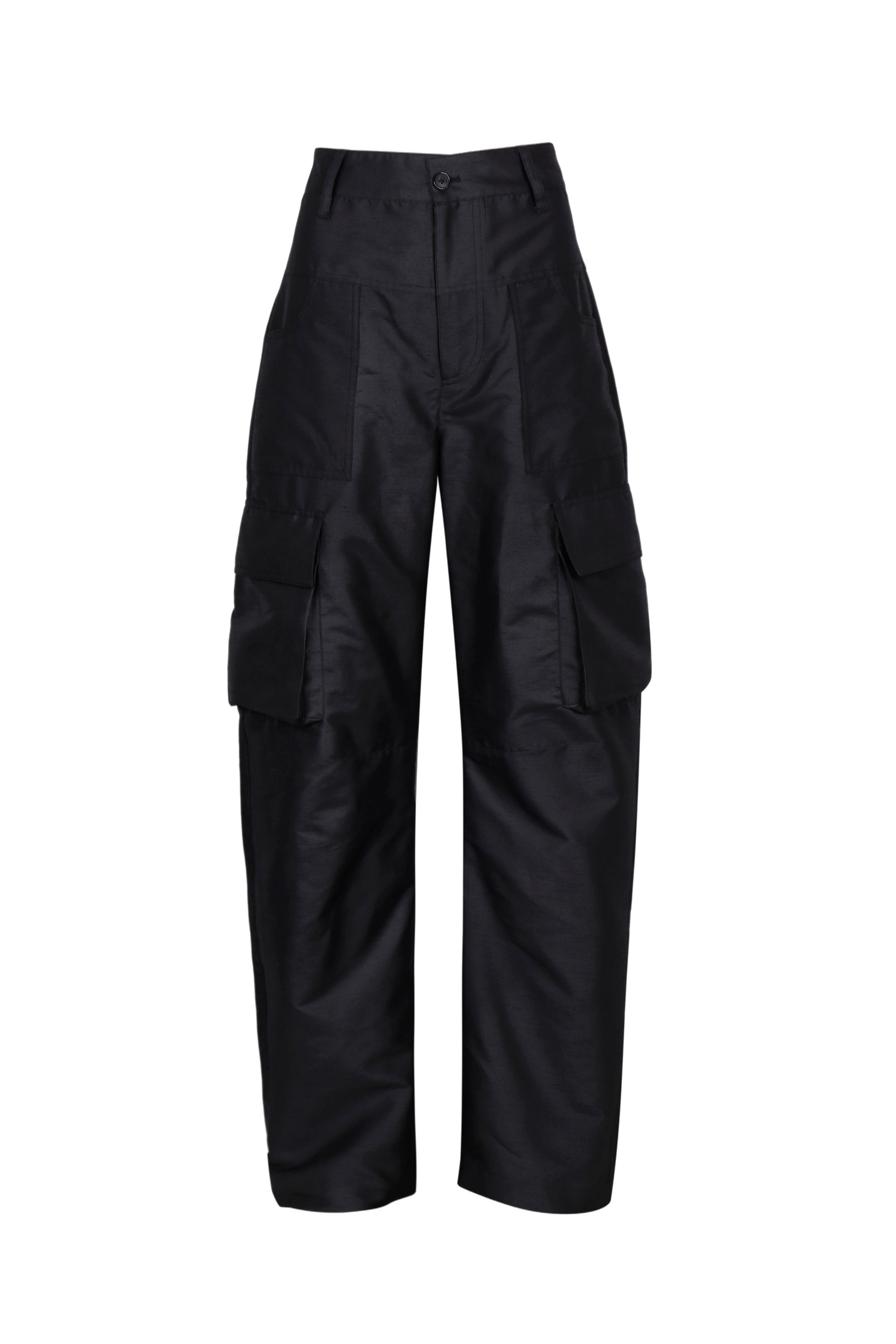 BLACK SATIN-FINISH CARGO TROUSERS made by YIBRI