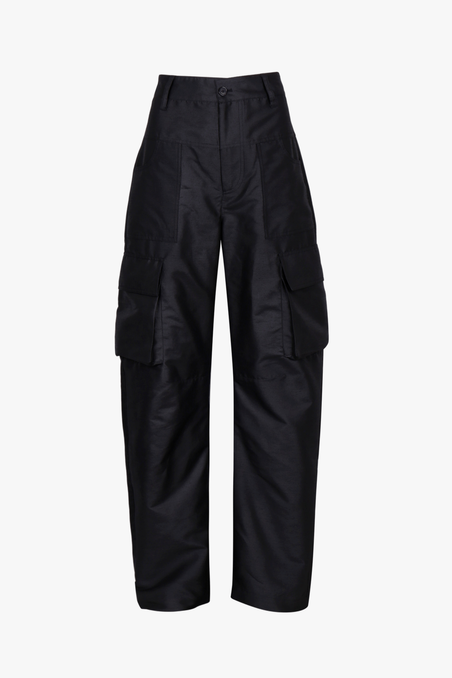 BLACK SATIN-FINISH CARGO TROUSERS made by YIBRI