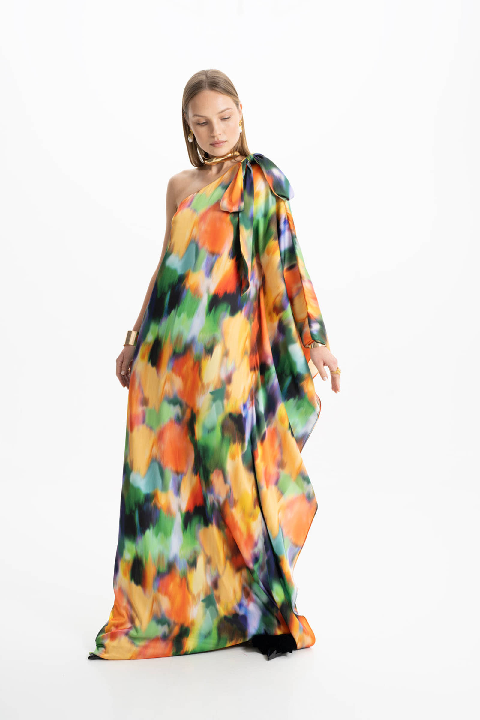 Lia Satin Multi Color One Shoulder Maxi Dress made by Lora Istanbul