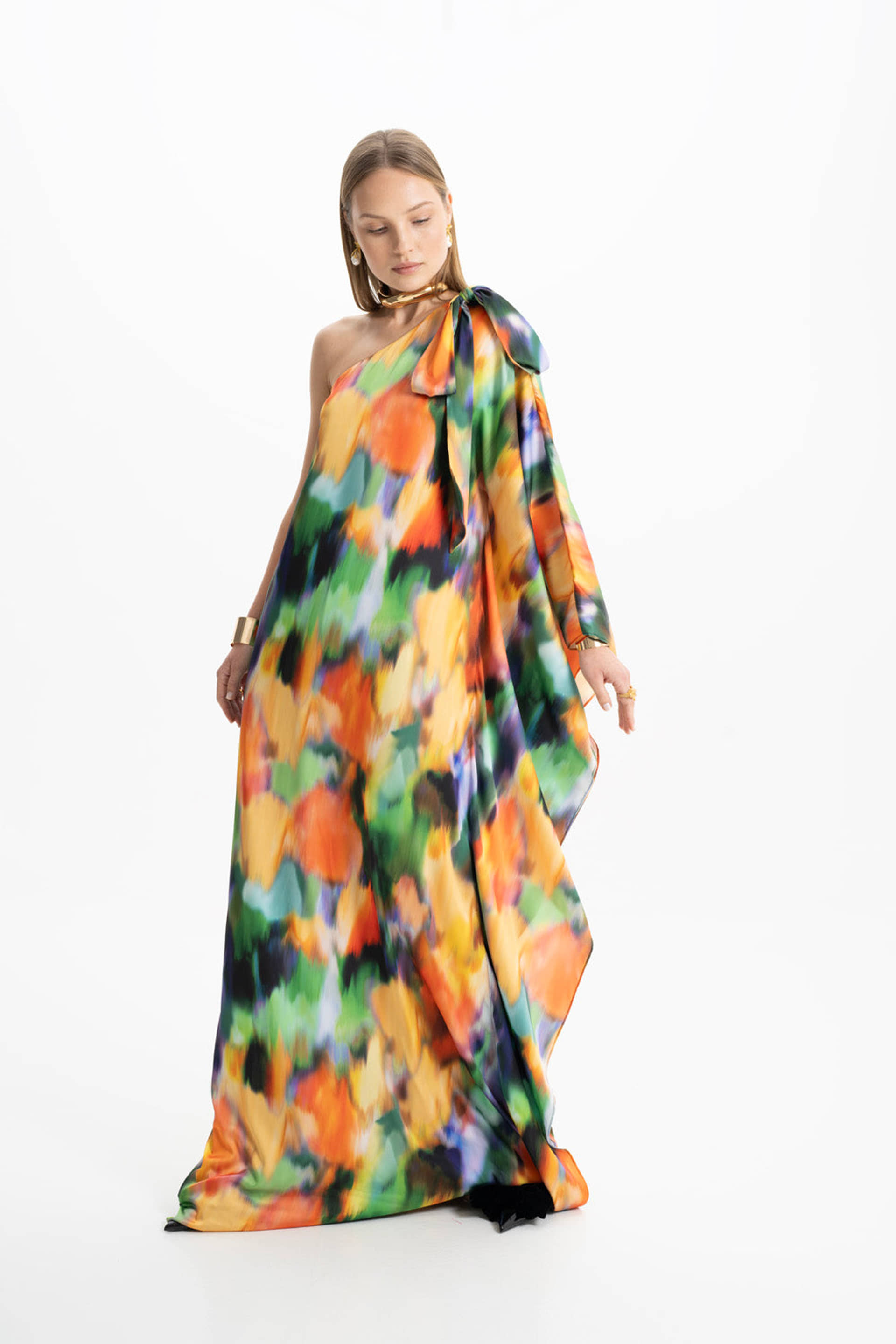 Lia Satin Multi Color One Shoulder Maxi Dress made by Lora Istanbul