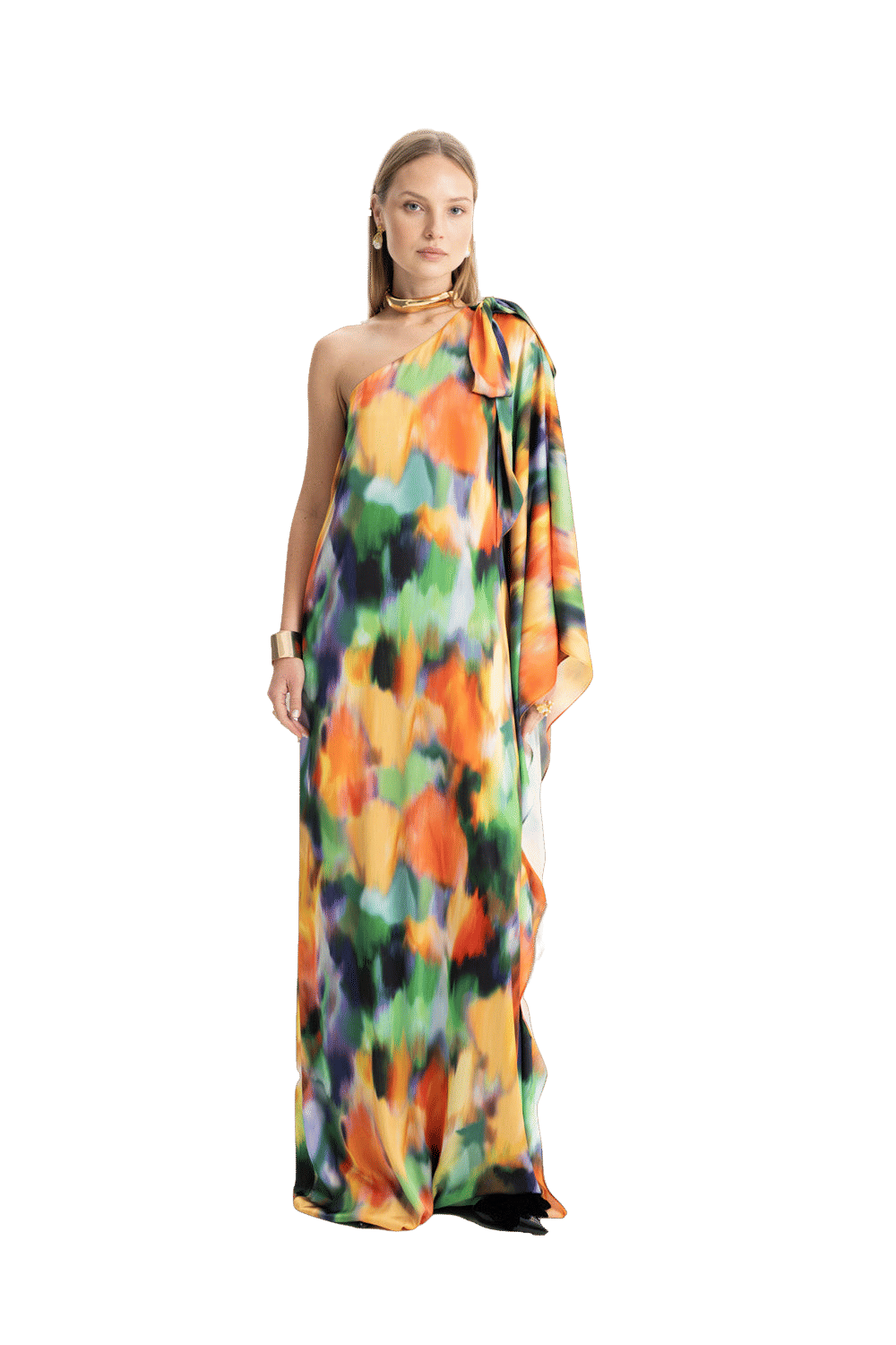 Lia Satin Multi Color One Shoulder Maxi Dress made by Lora Istanbul