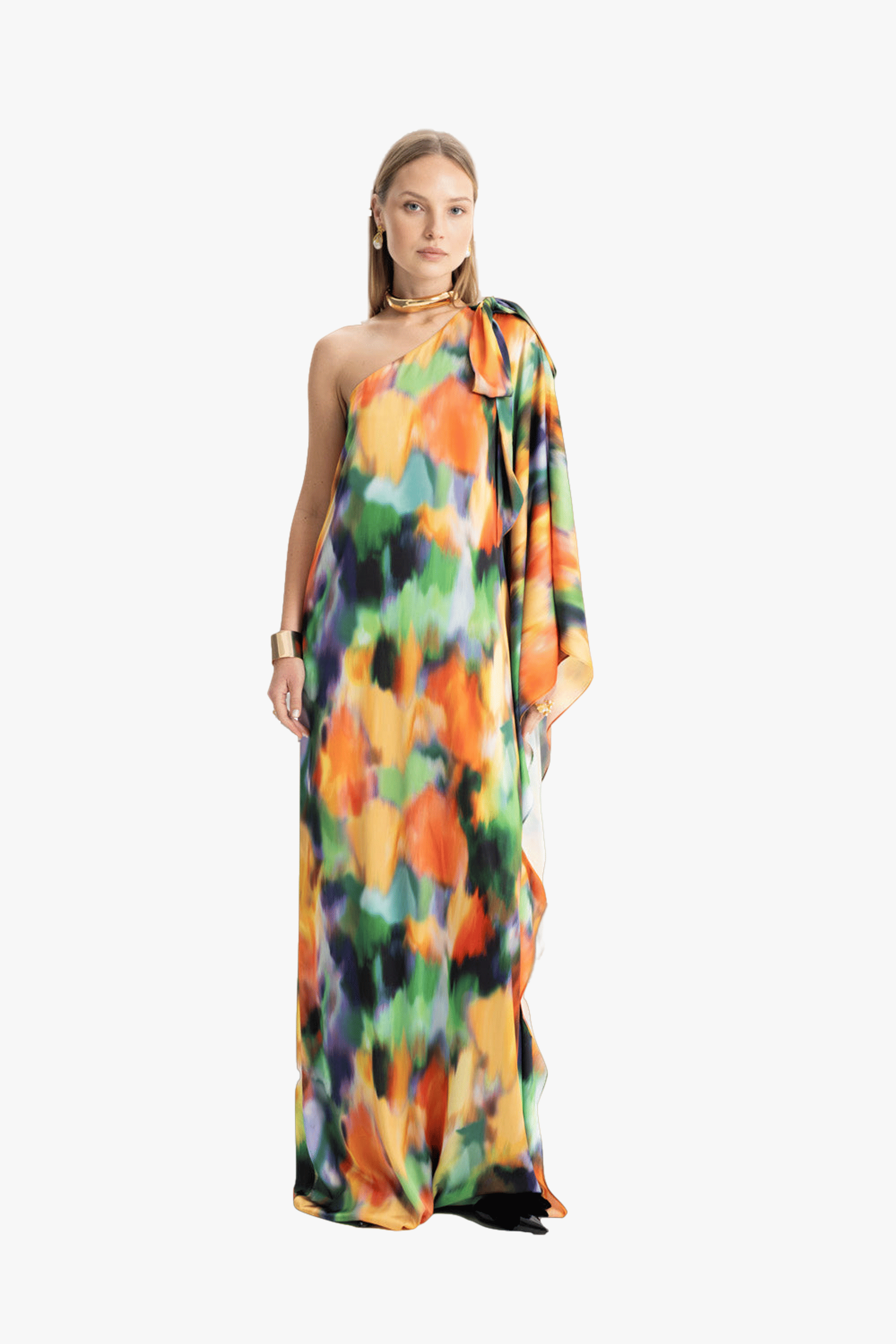 Lia Satin Multi Color One Shoulder Maxi Dress made by Lora Istanbul