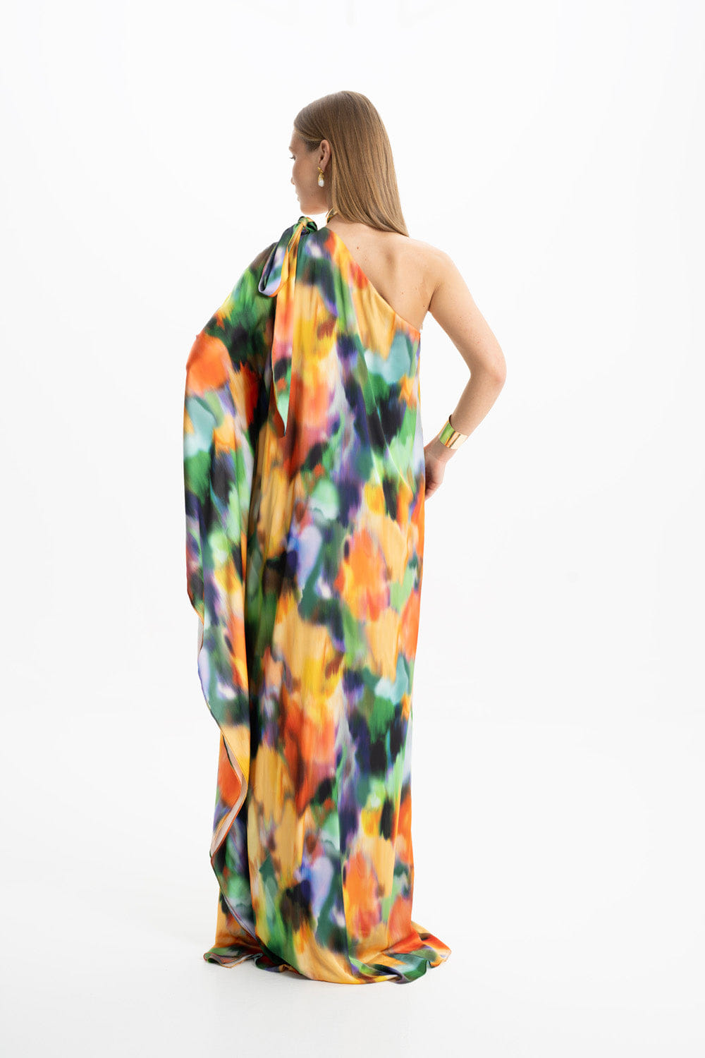 Lia Satin Multi Color One Shoulder Maxi Dress made by Lora Istanbul