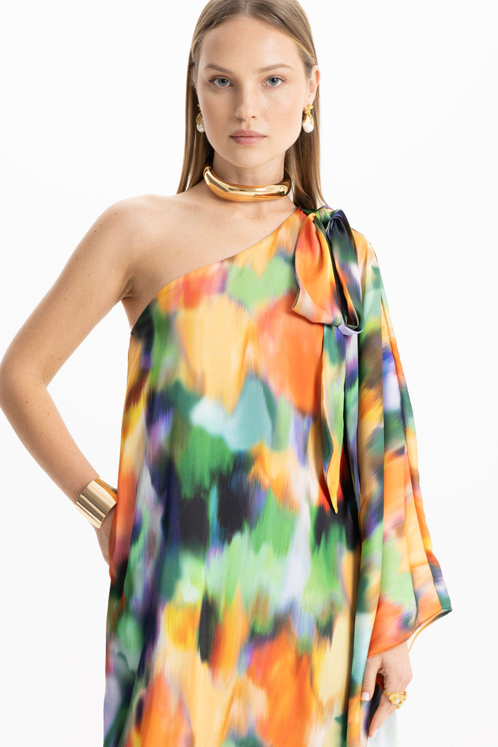 Lia Satin Multi Color One Shoulder Maxi Dress made by Lora Istanbul