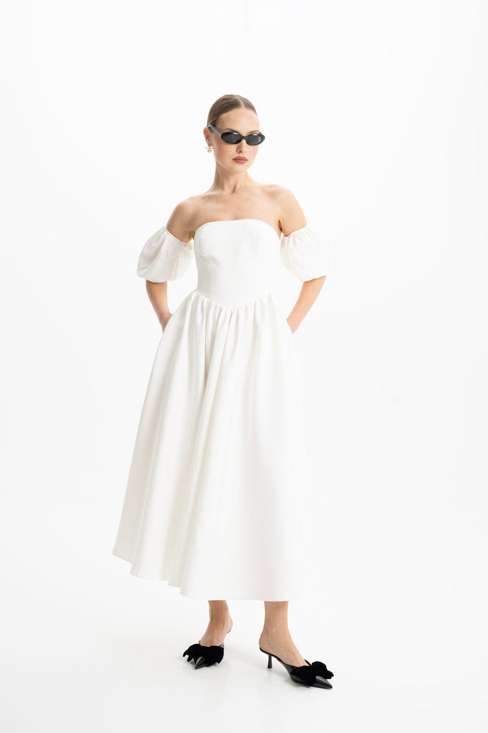 Eva White Strapless Corset Midi Dress made by Lora Istanbul