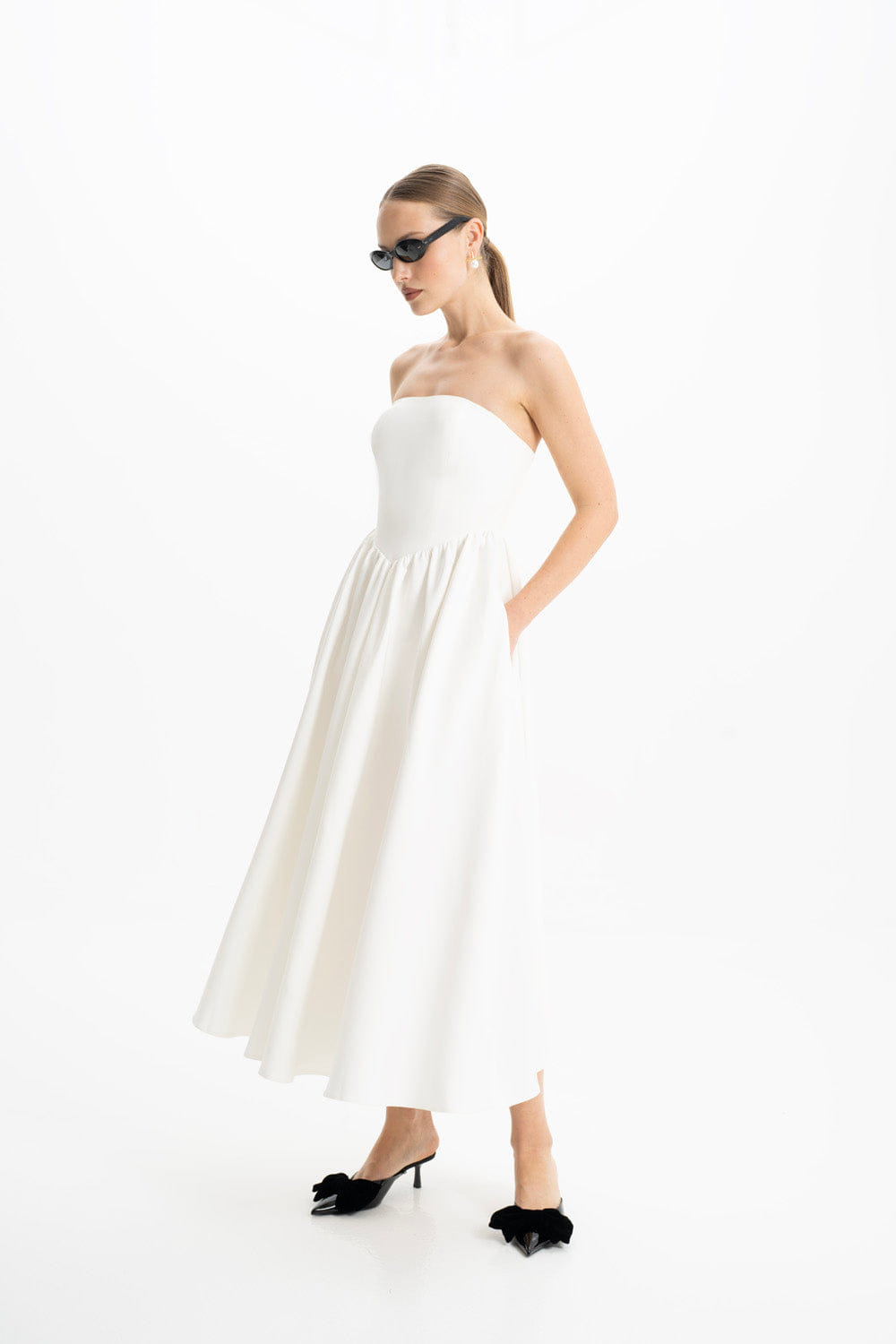 Eva White Strapless Corset Midi Dress made by Lora Istanbul