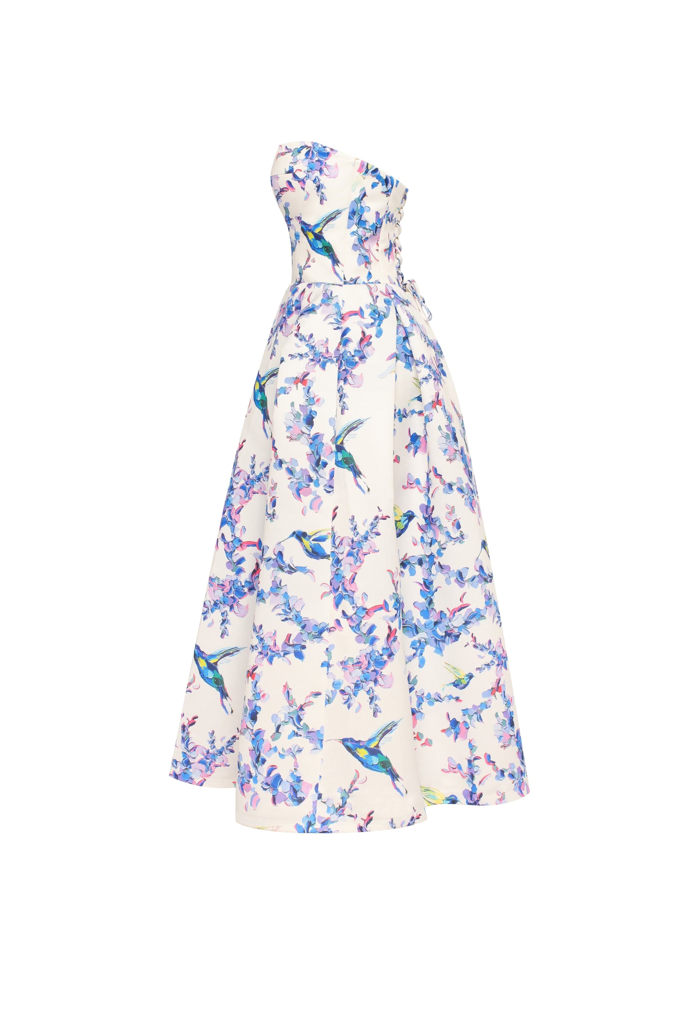 Strapless midi dress with bird and flower print, Garden of Eden made by Milla
