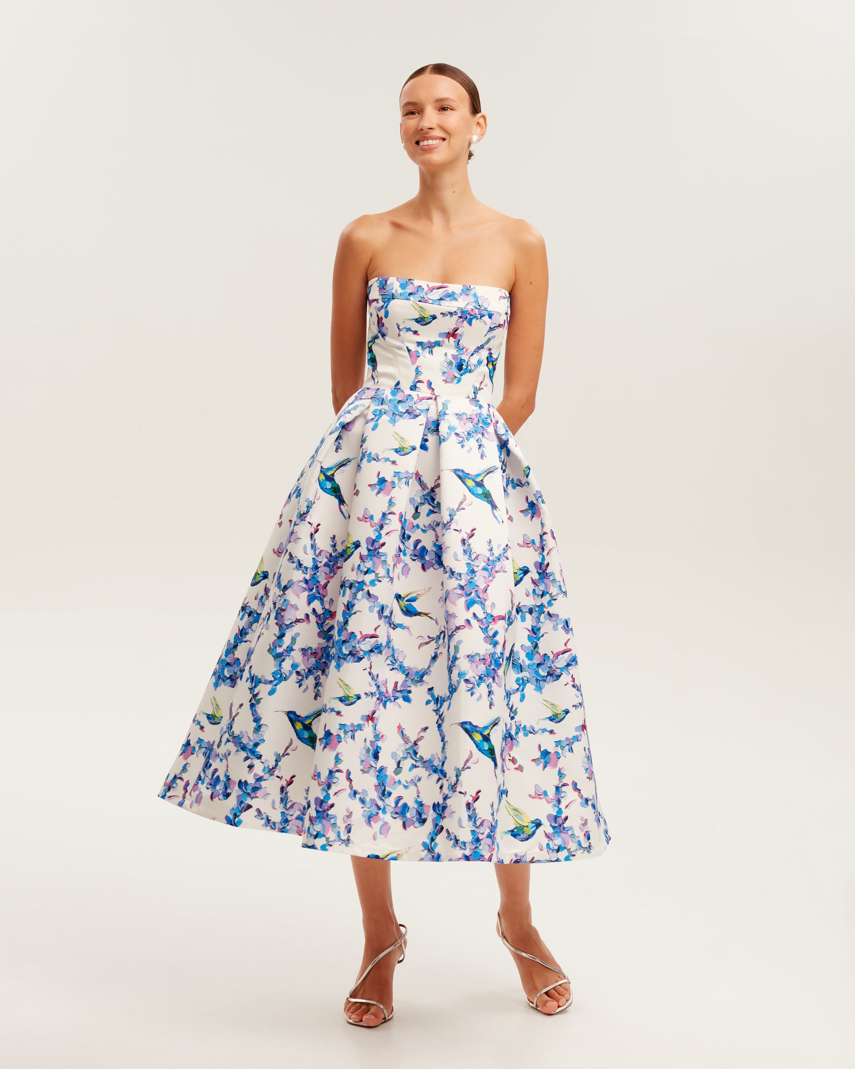 Strapless midi dress with bird and flower print, Garden of Eden made by Milla