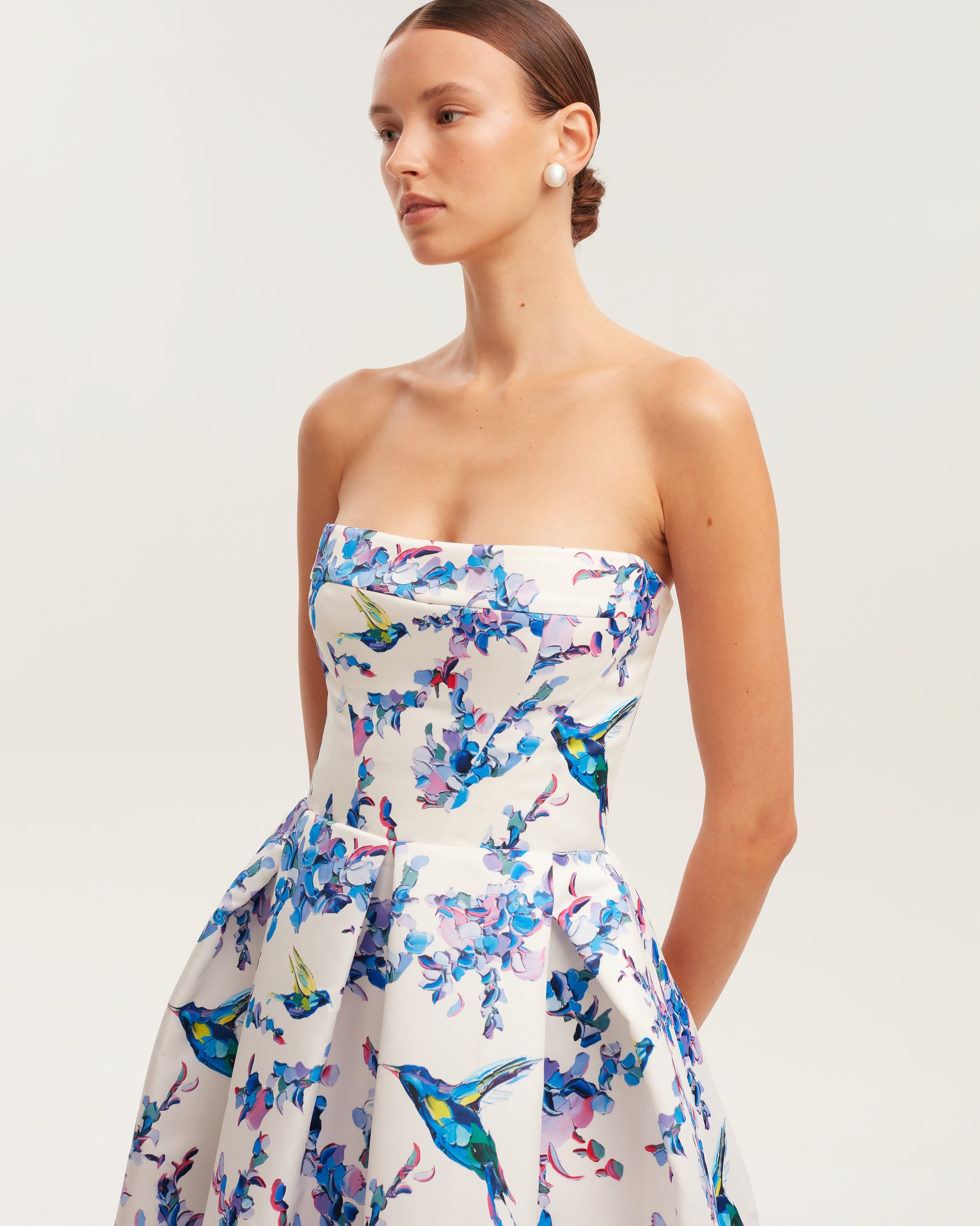 Strapless midi dress with bird and flower print, Garden of Eden made by Milla
