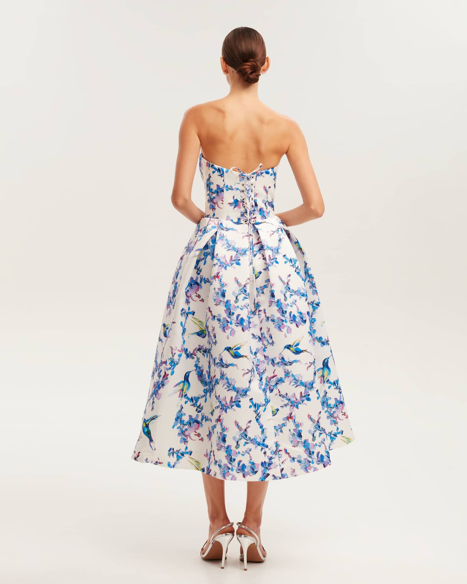 Strapless midi dress with bird and flower print, Garden of Eden made by Milla