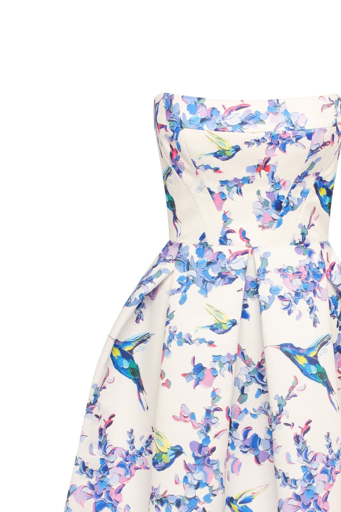 Strapless midi dress with bird and flower print, Garden of Eden made by Milla