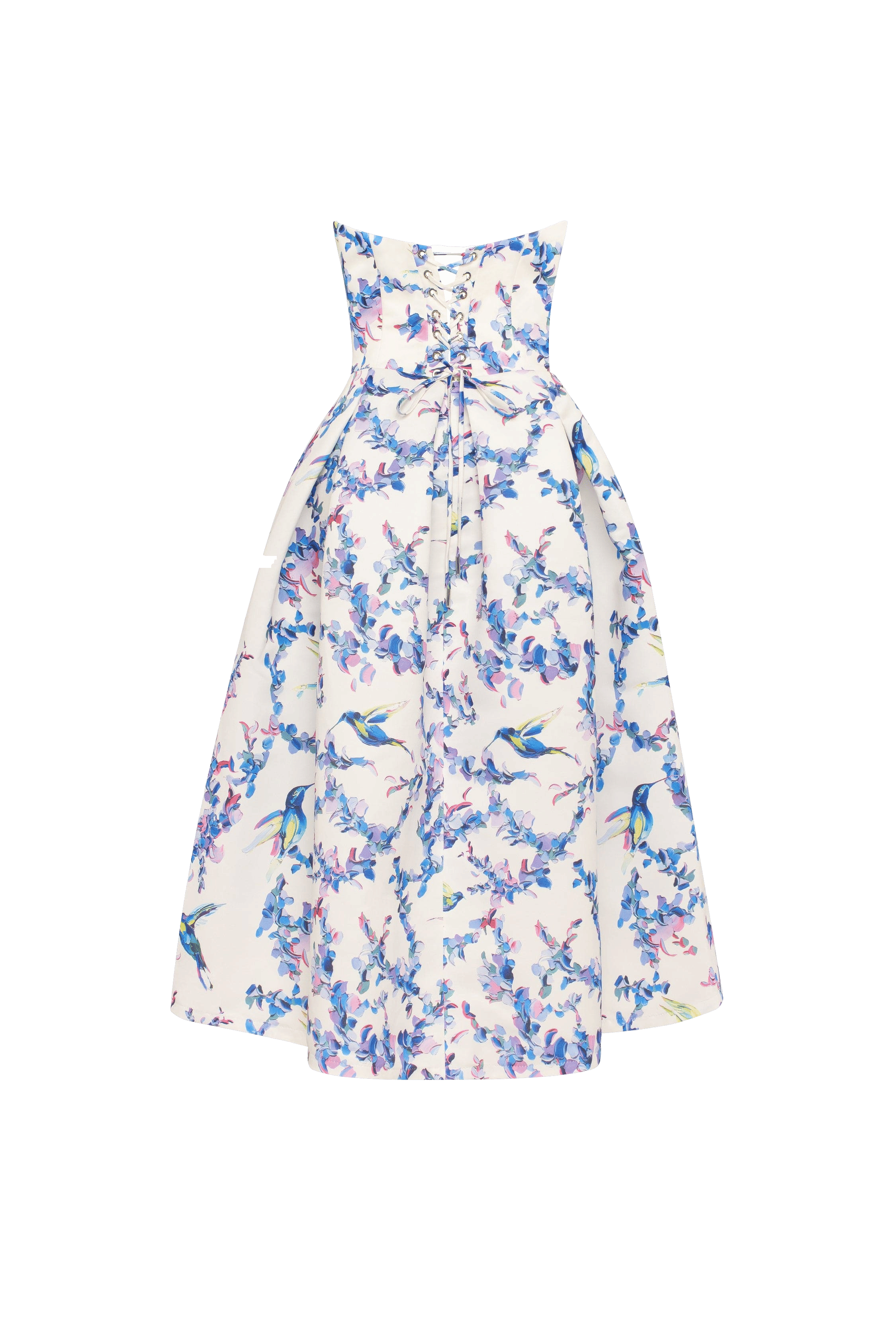 Strapless midi dress with bird and flower print, Garden of Eden made by Milla