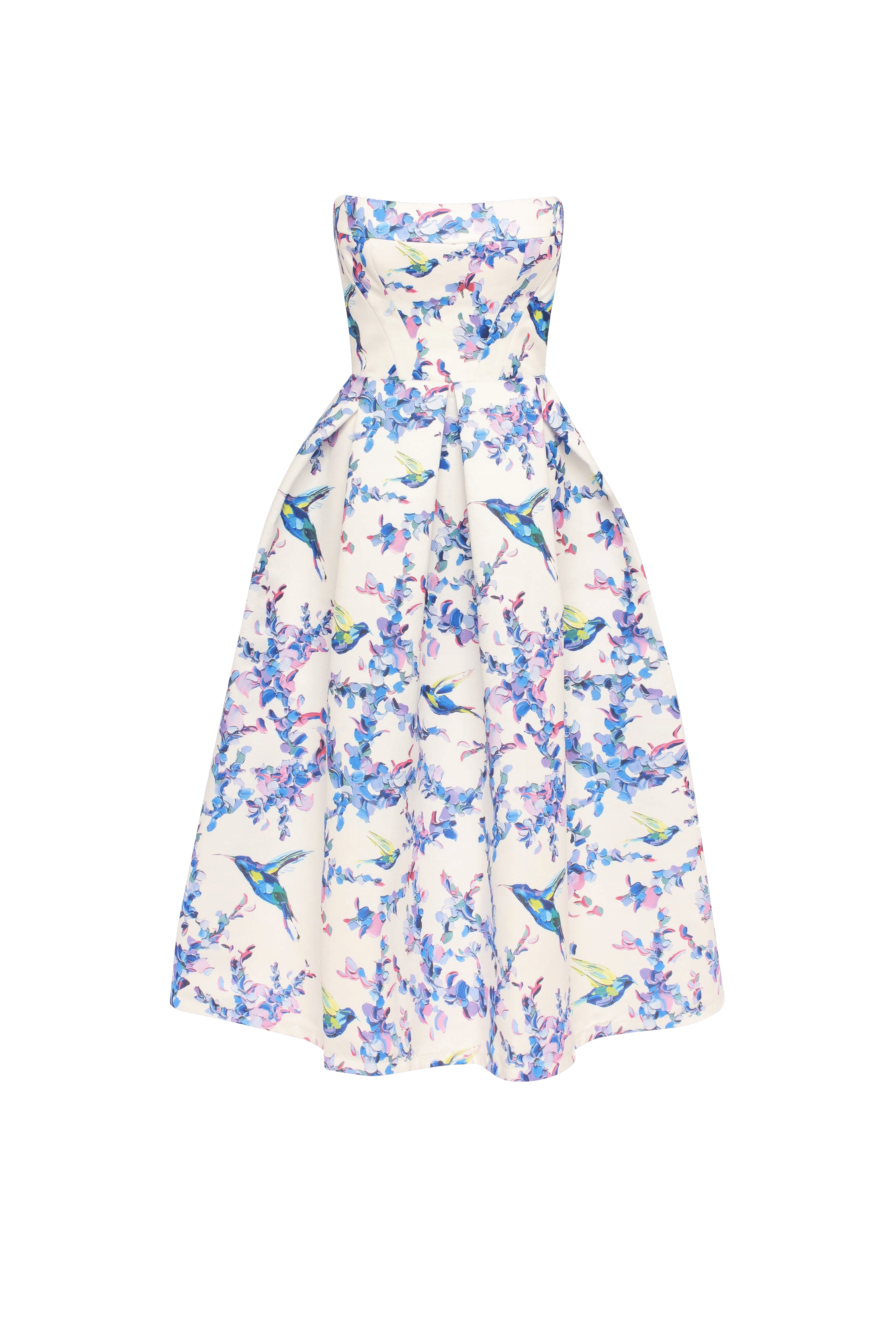 Strapless midi dress with bird and flower print, Garden of Eden made by Milla