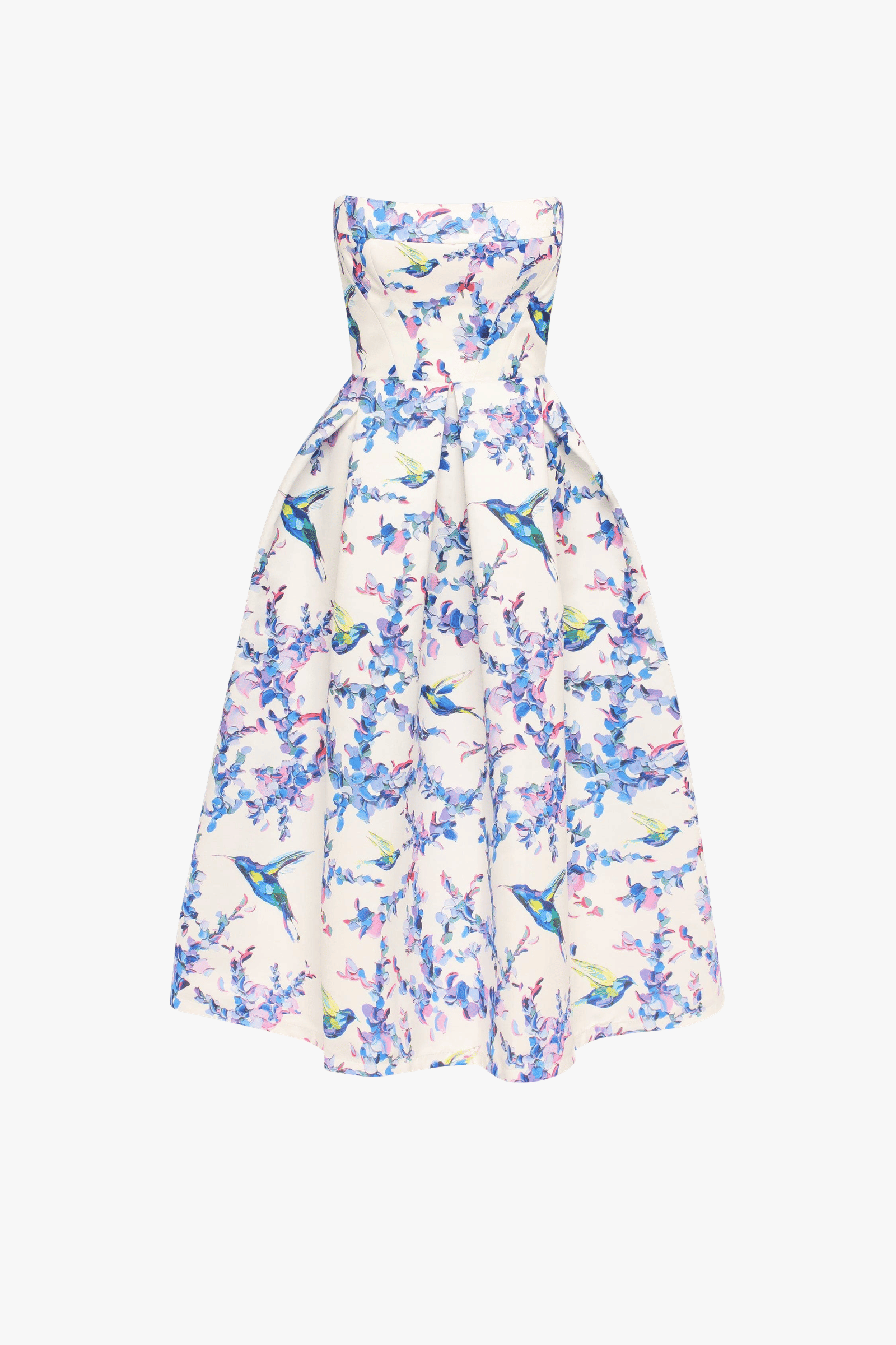 Strapless midi dress with bird and flower print, Garden of Eden made by Milla