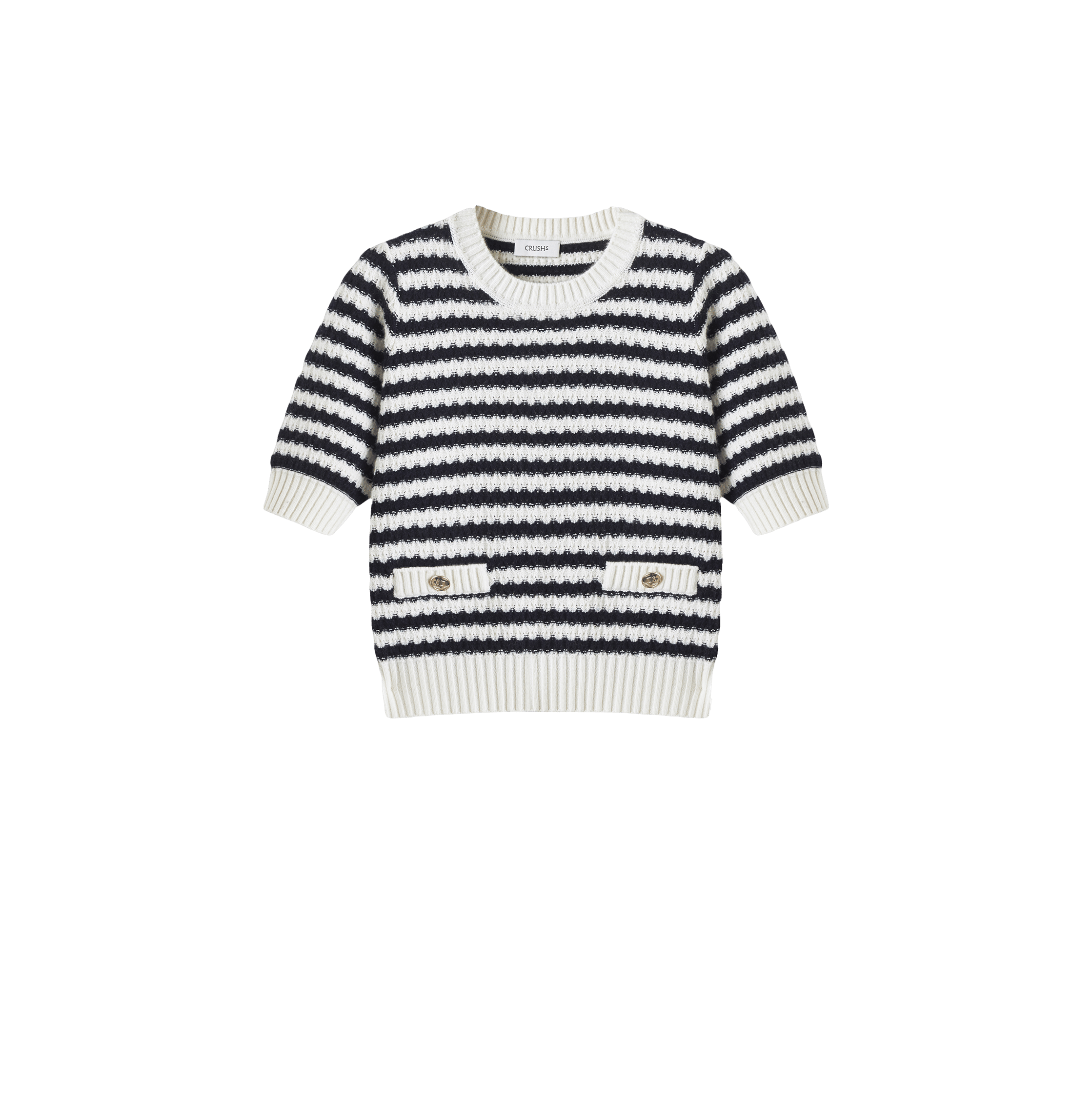 CASHMERE JACQUARD STRIPED PUFF SHORT-SLEEVED BLOUSE in Black made by CRUSH Collection