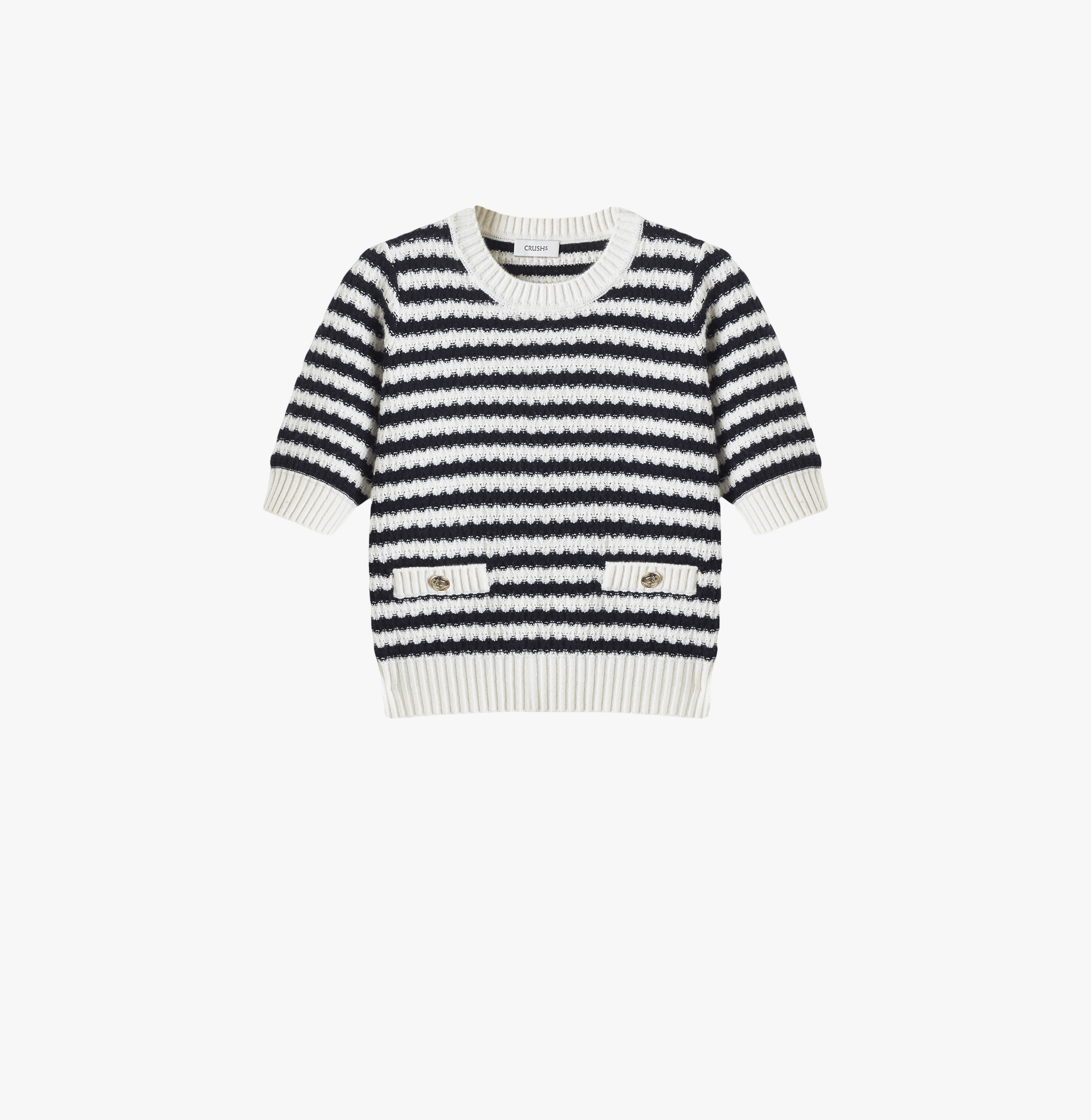 CASHMERE JACQUARD STRIPED PUFF SHORT-SLEEVED BLOUSE in Black made by CRUSH Collection