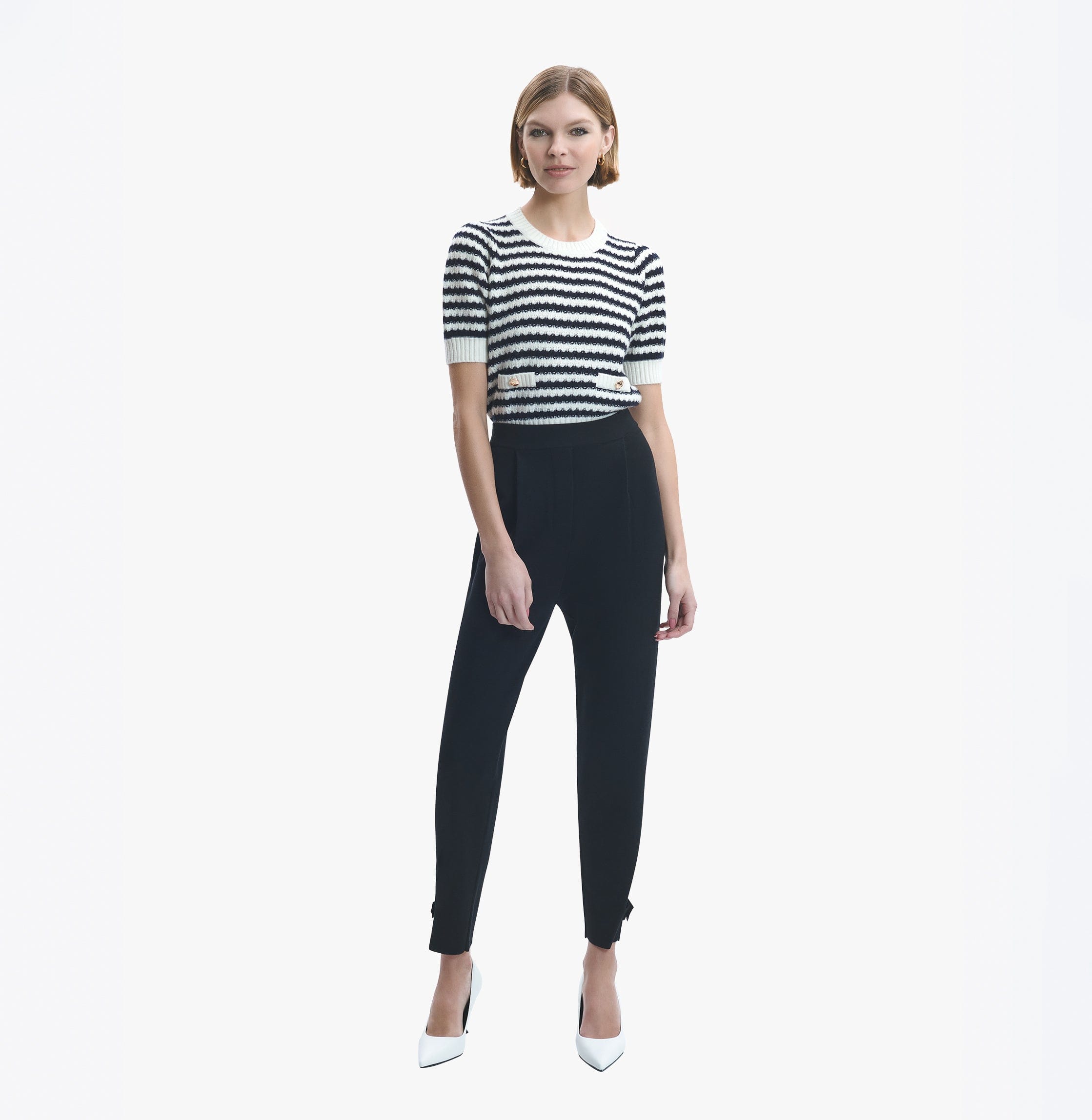 CASHMERE JACQUARD STRIPED PUFF SHORT-SLEEVED BLOUSE in Black made by CRUSH Collection