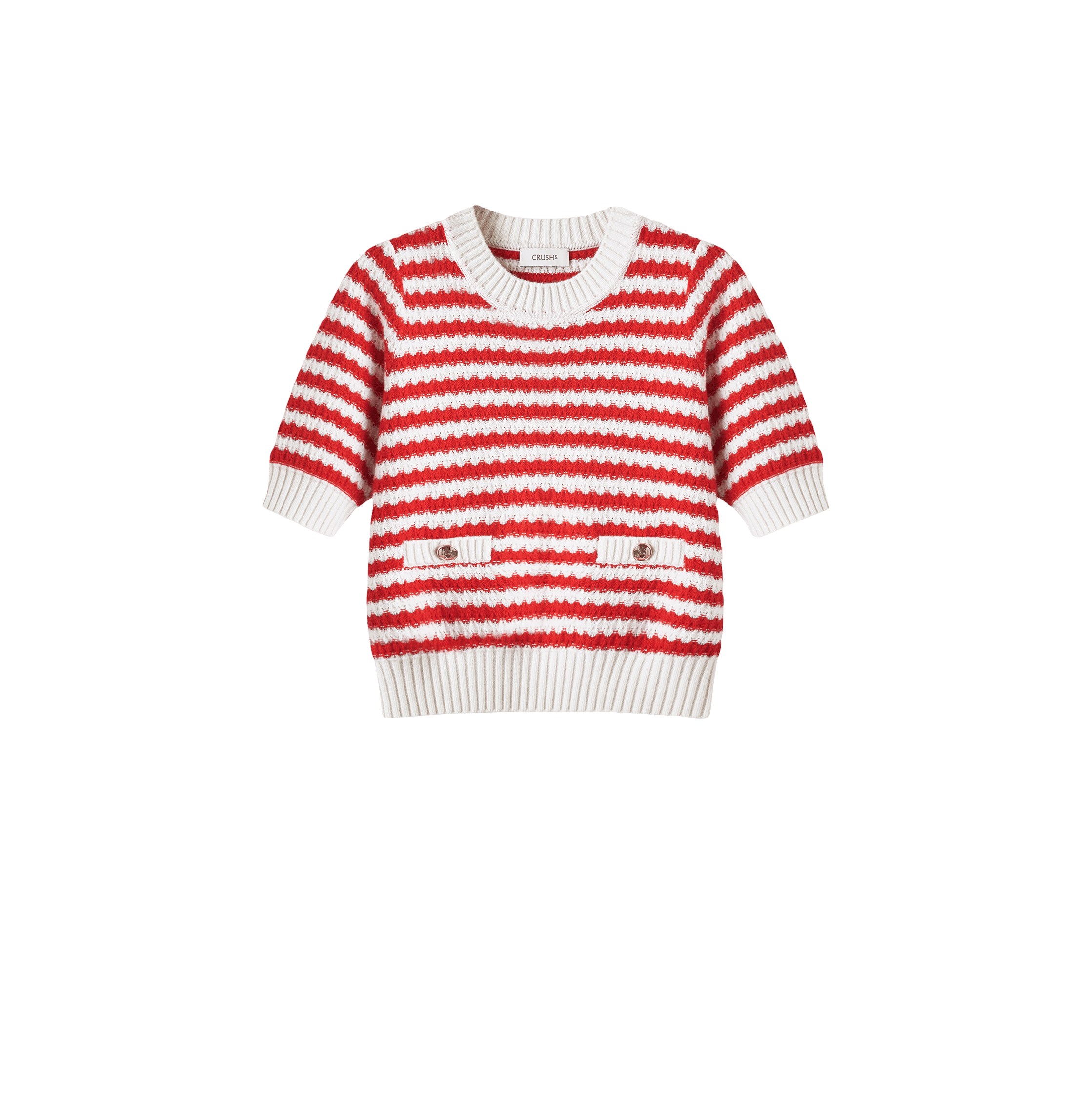 CASHMERE JACQUARD STRIPED PUFF SHORT-SLEEVED BLOUSE in Red made by CRUSH Collection