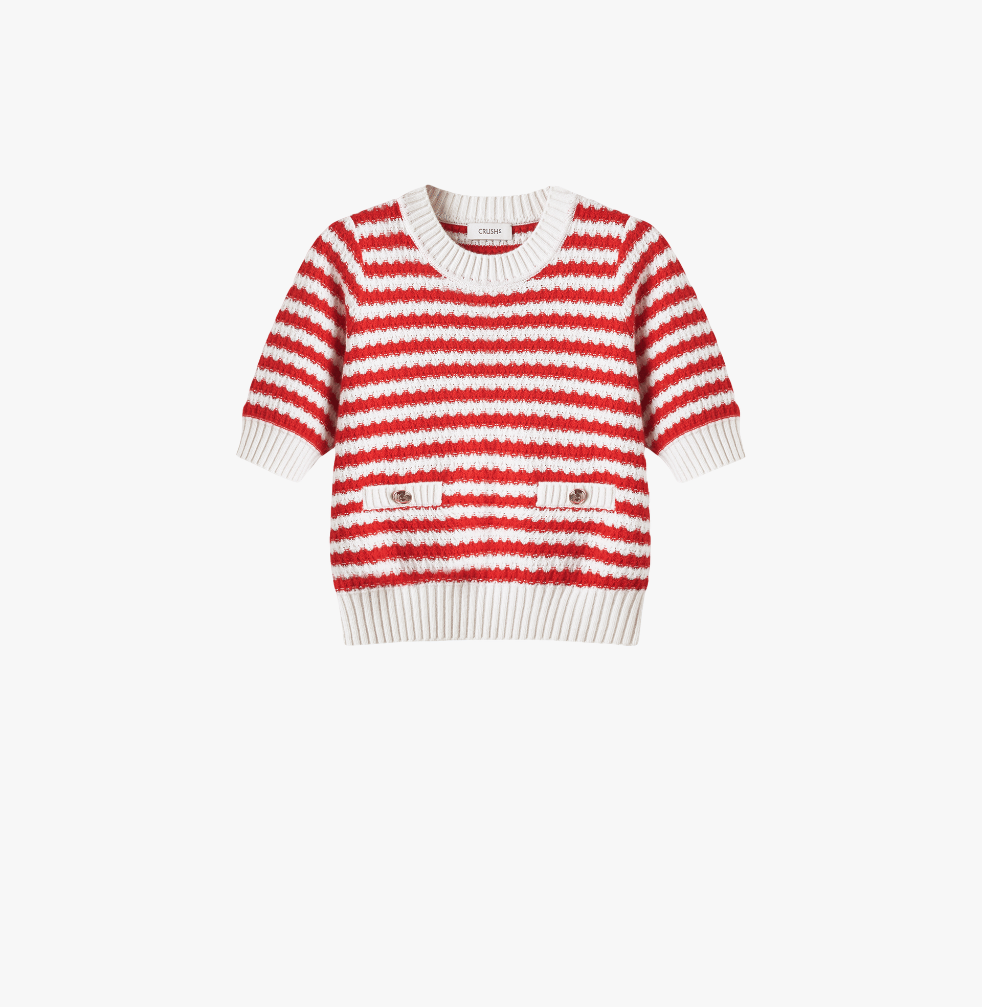 CASHMERE JACQUARD STRIPED PUFF SHORT-SLEEVED BLOUSE in Red made by CRUSH Collection