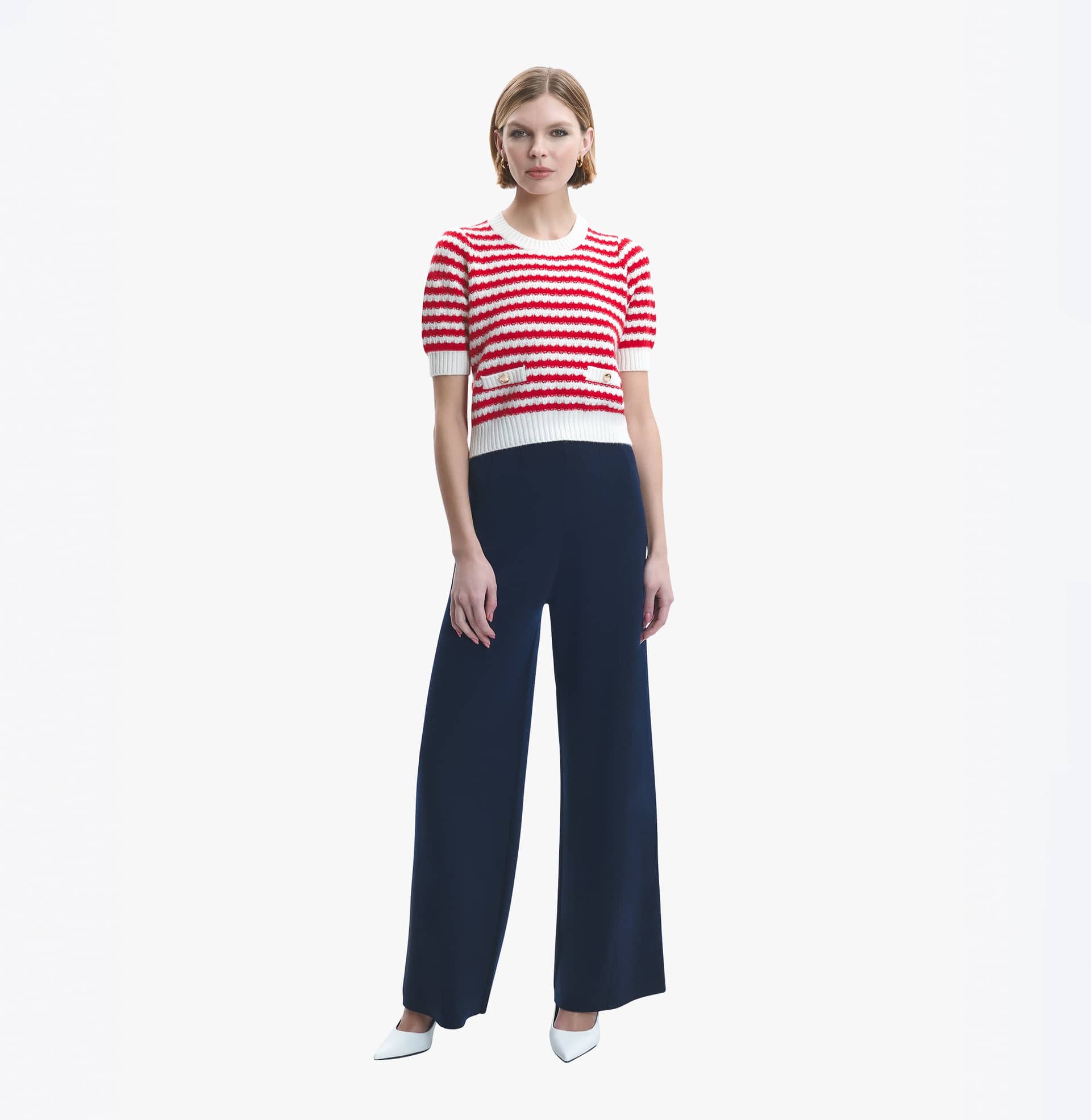 CASHMERE JACQUARD STRIPED PUFF SHORT-SLEEVED BLOUSE in Red made by CRUSH Collection