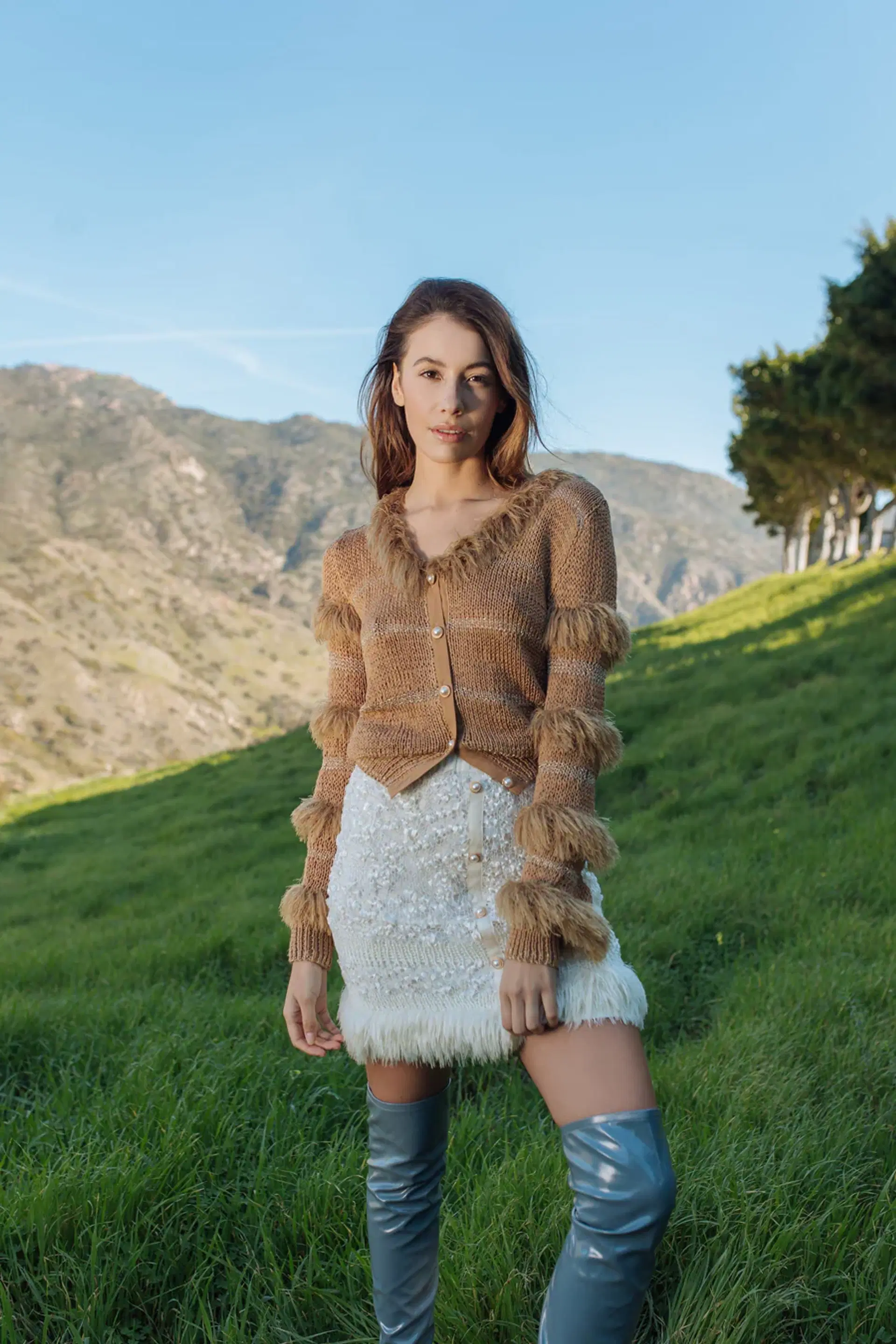 White Sundown Handmade Knit Skirt With Pear Buttons made by ANDREEVA