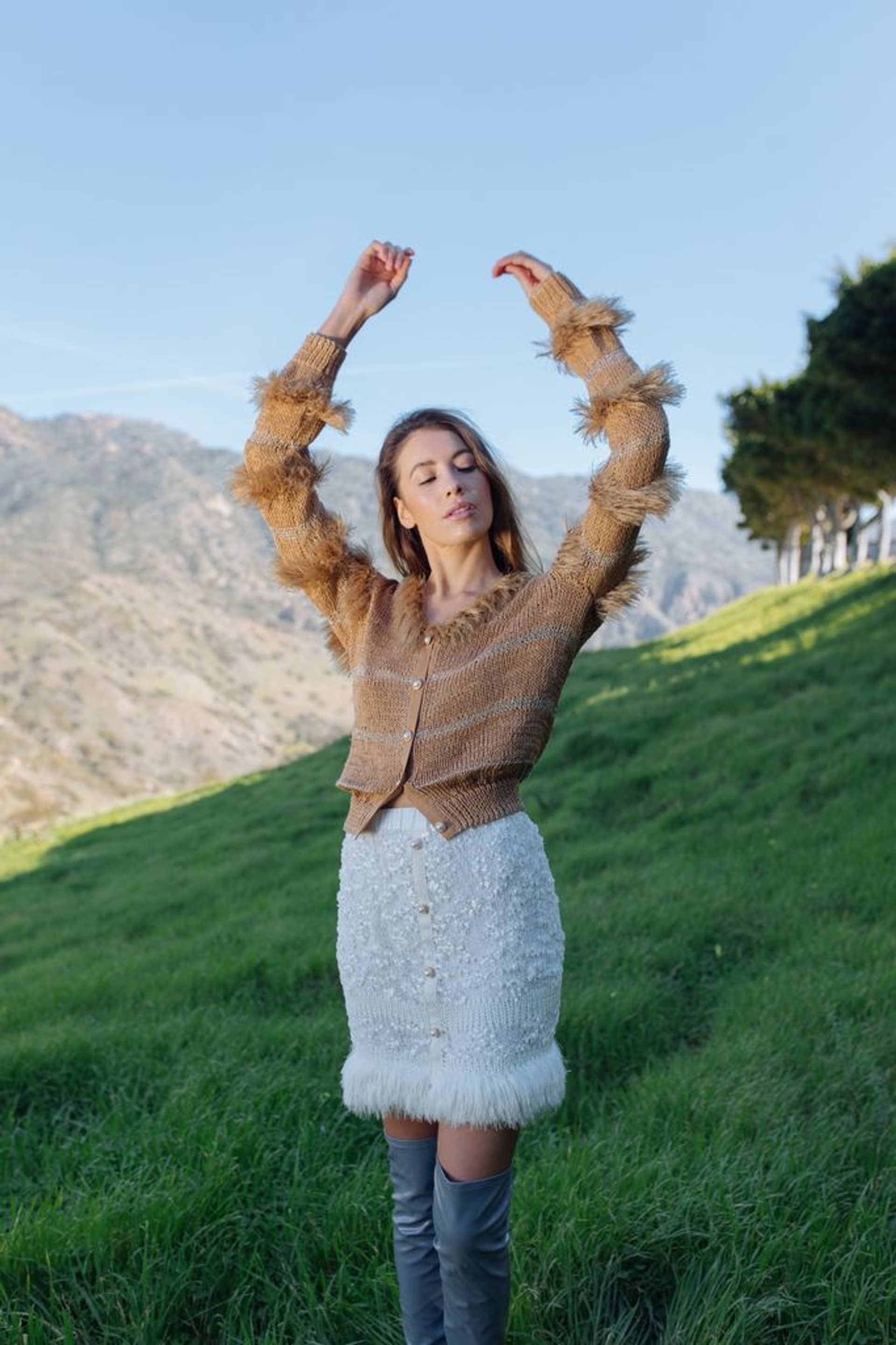 White Sundown Handmade Knit Skirt With Pear Buttons made by ANDREEVA