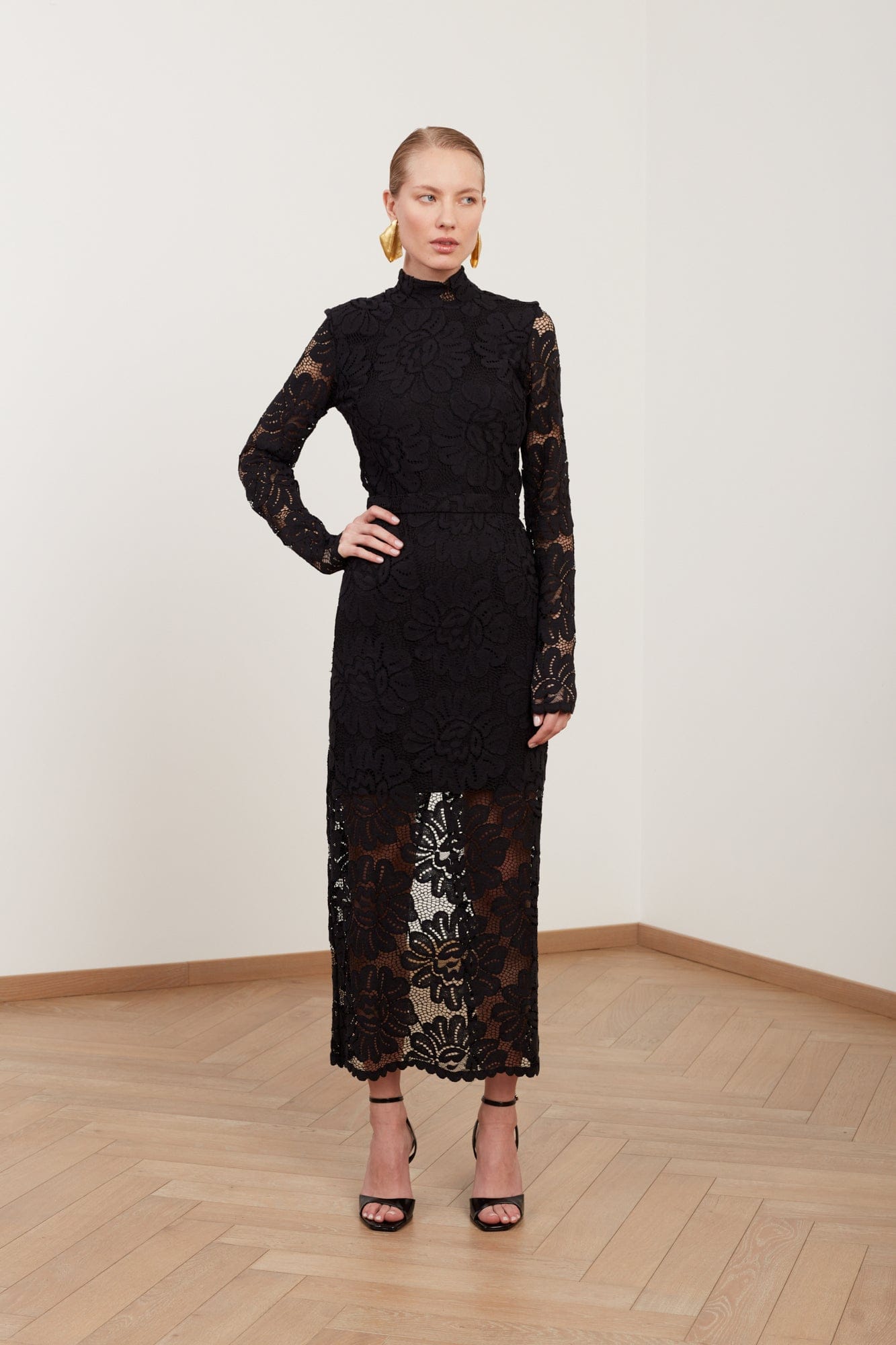 ELENA black floral lace midi dress with open back made by UNDRESS