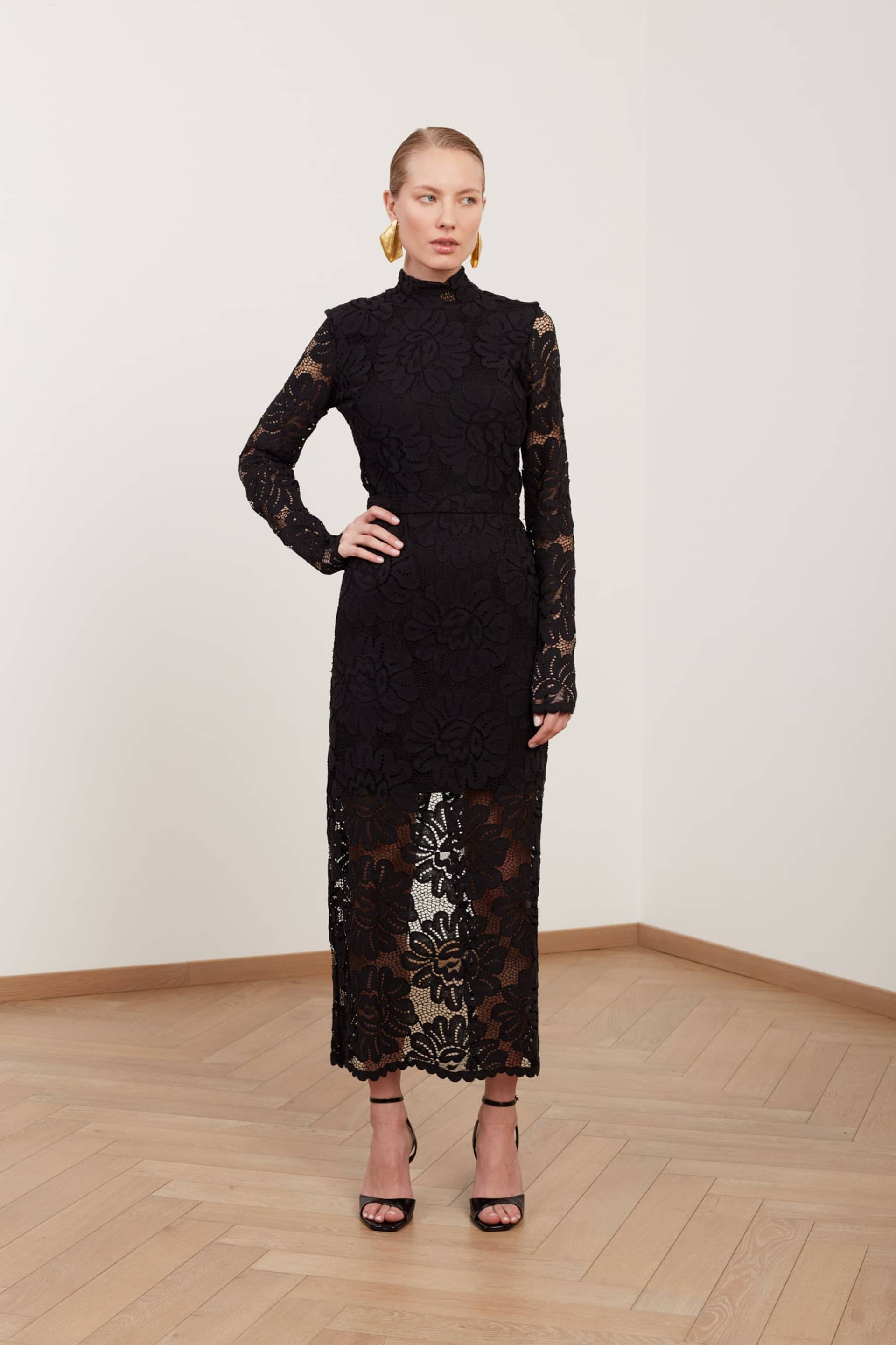 ELENA black floral lace midi dress with open back made by UNDRESS