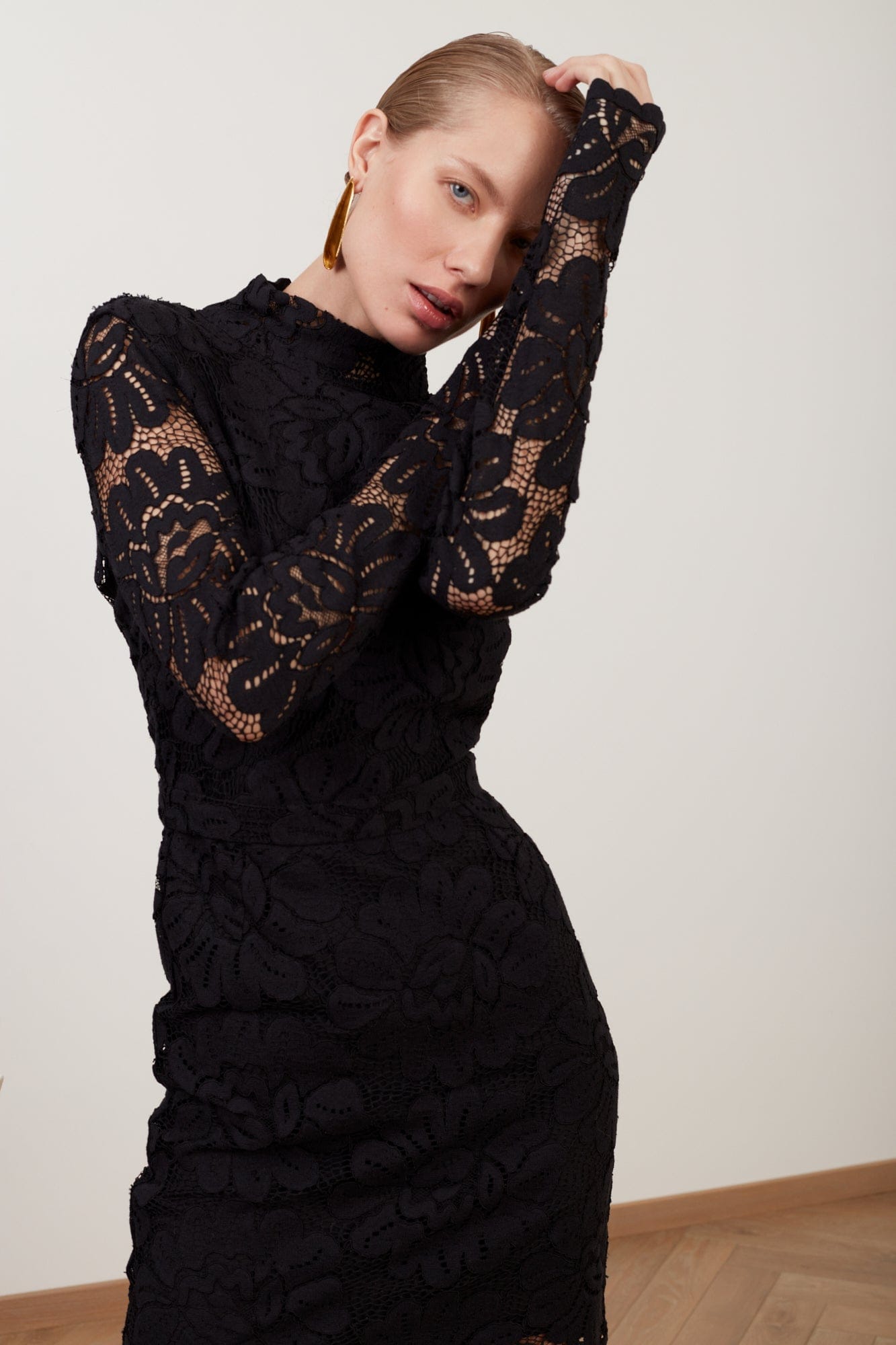 ELENA black floral lace midi dress with open back made by UNDRESS