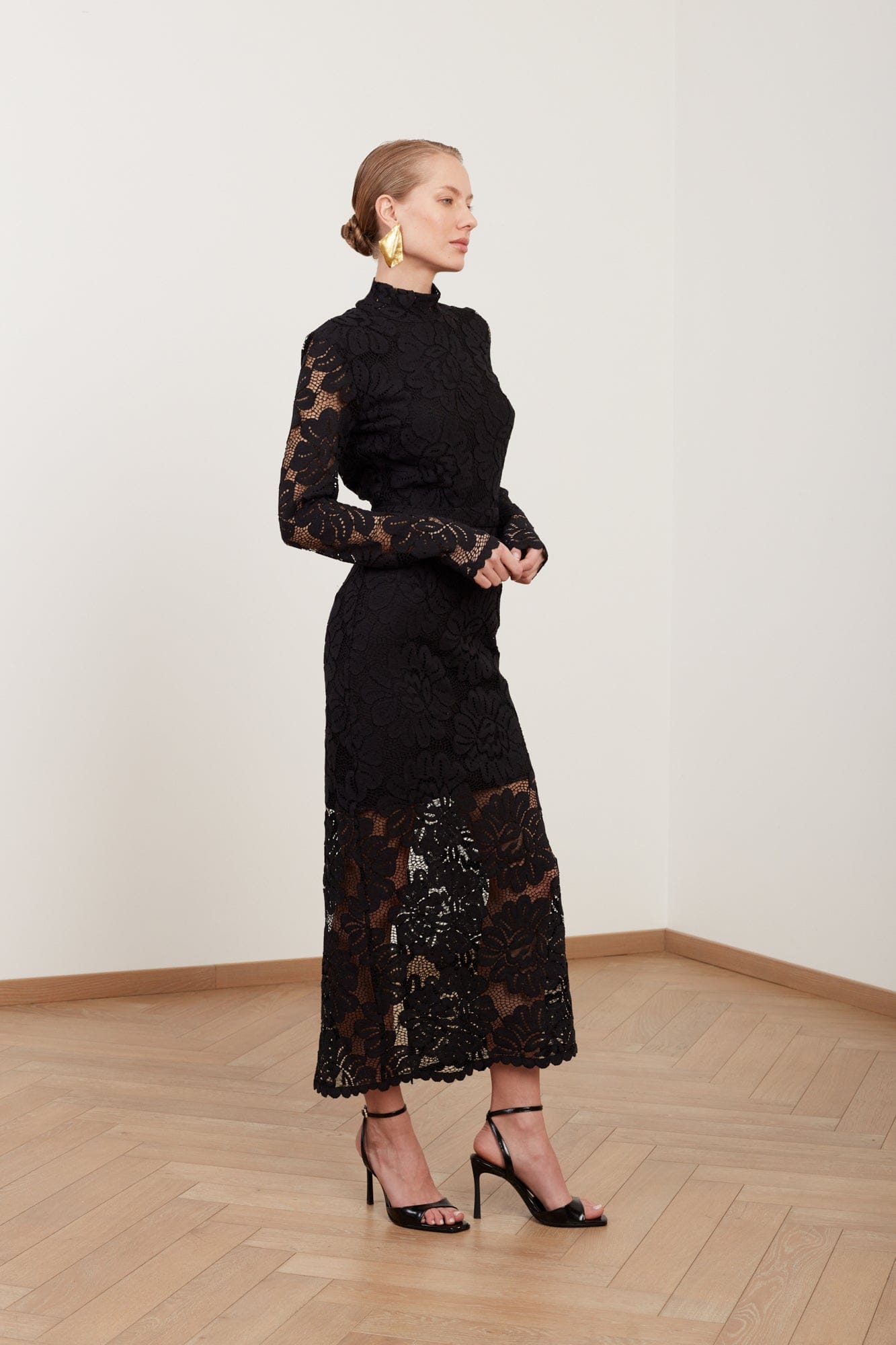 ELENA black floral lace midi dress with open back made by UNDRESS