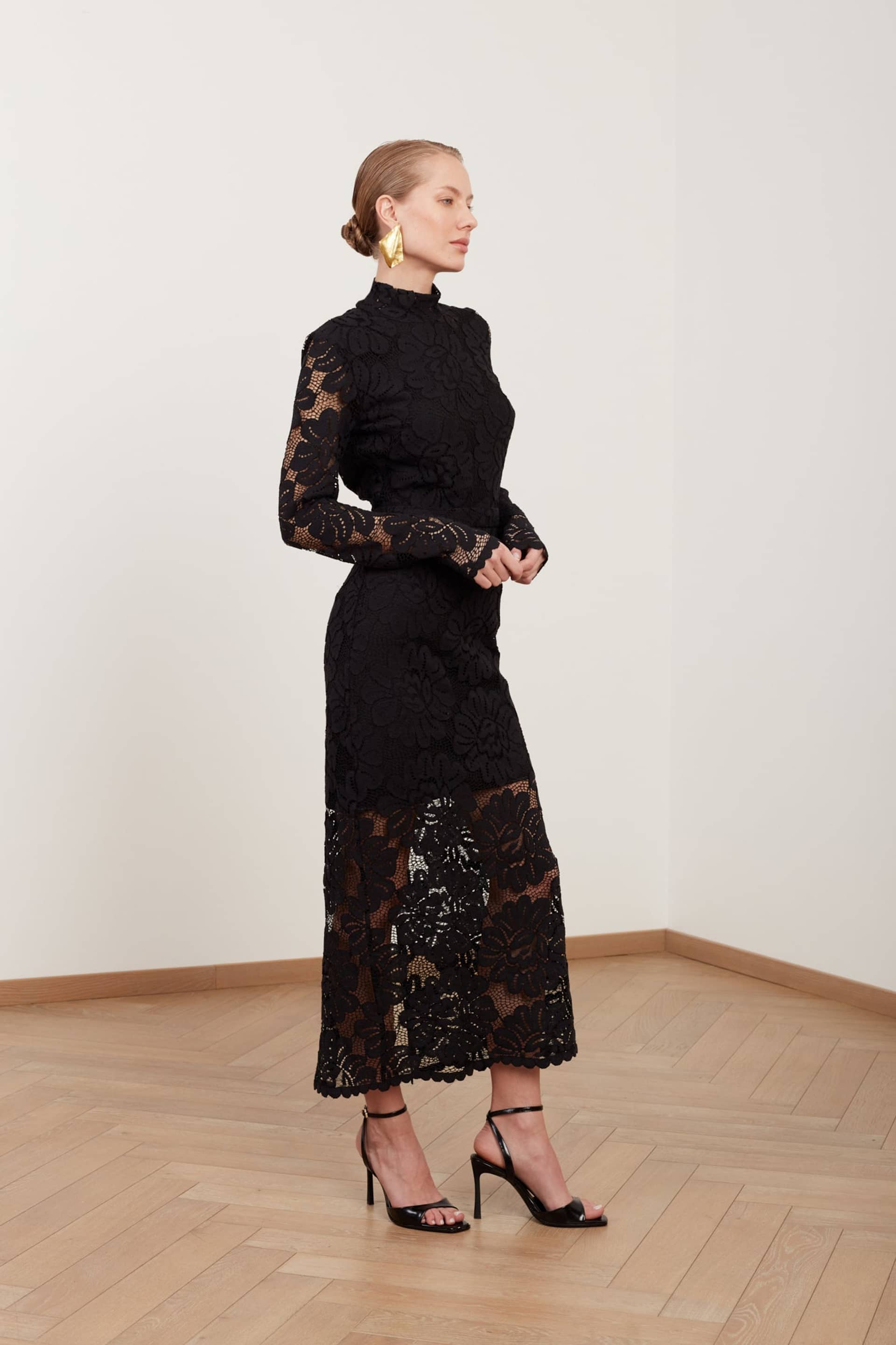 ELENA black floral lace midi dress with open back made by UNDRESS