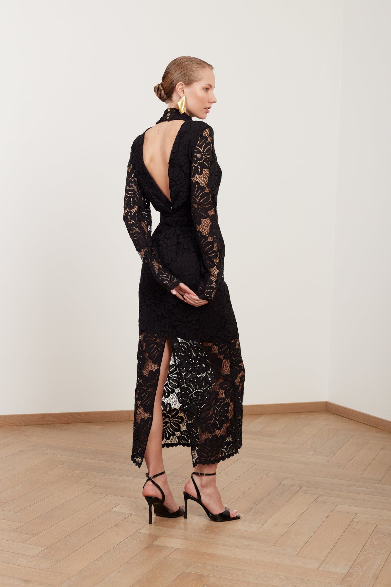 ELENA black floral lace midi dress with open back made by UNDRESS