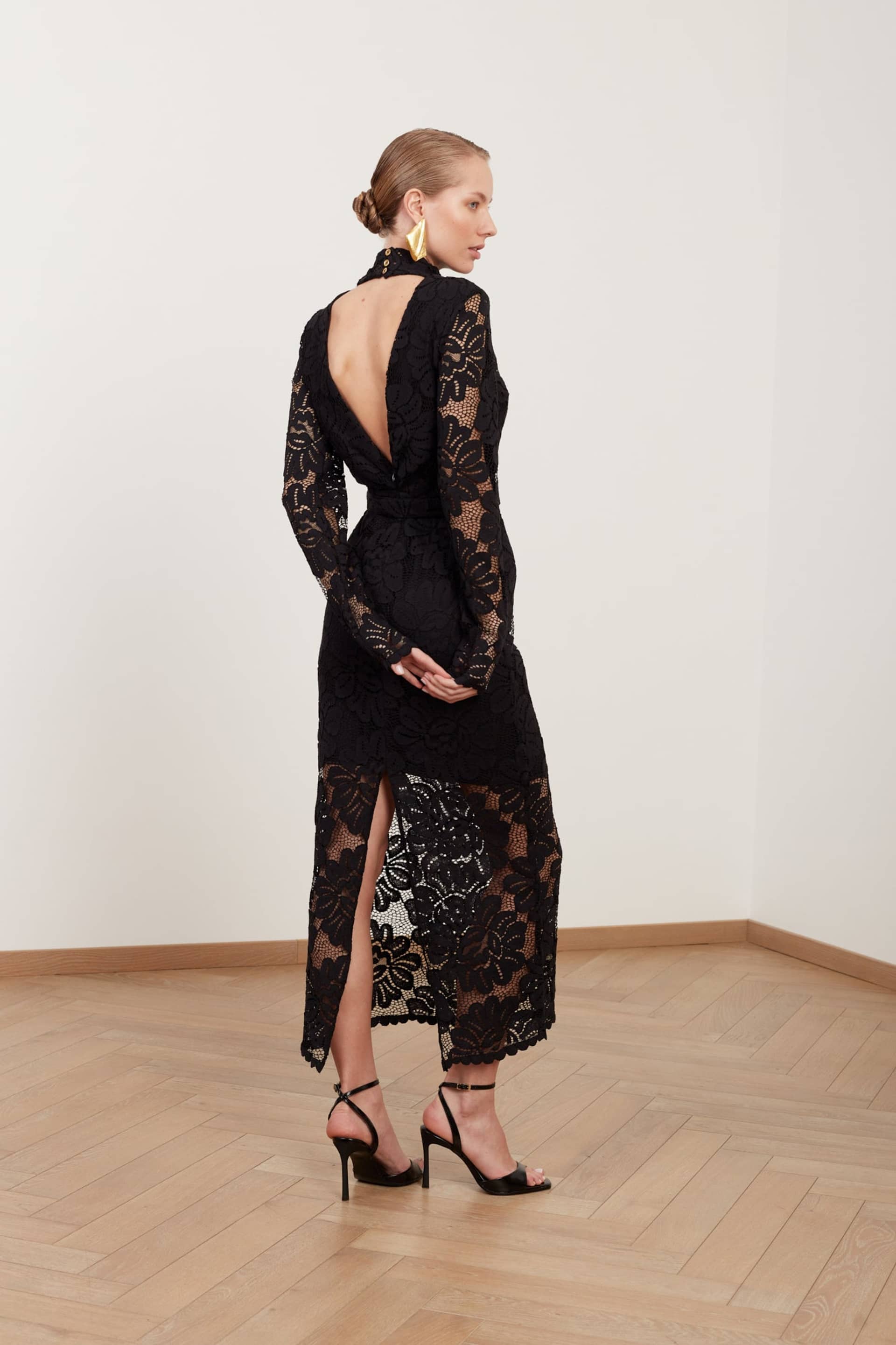 ELENA black floral lace midi dress with open back made by UNDRESS