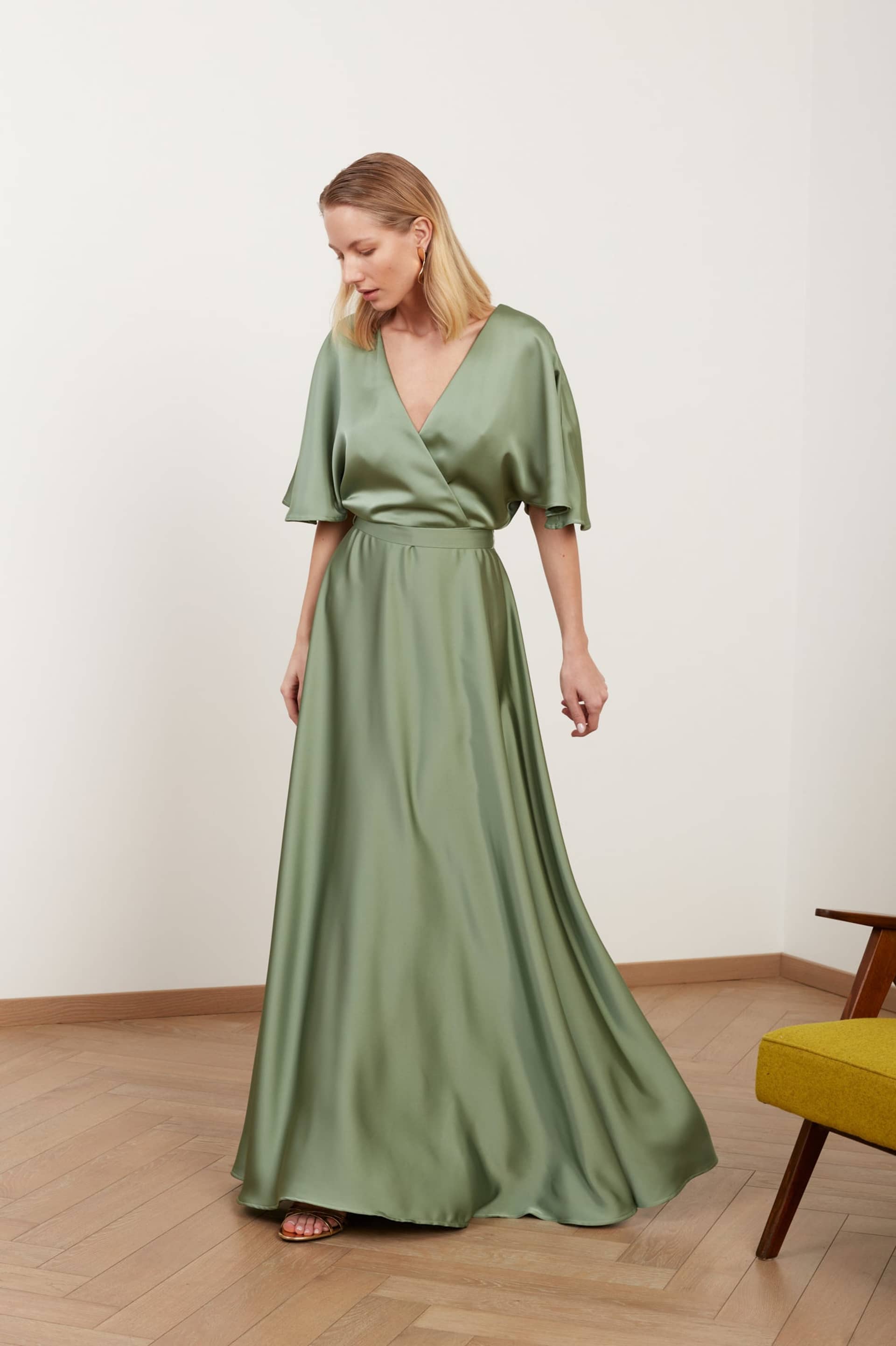 SOLENE sage green satin long wedding guest dress made by UNDRESS