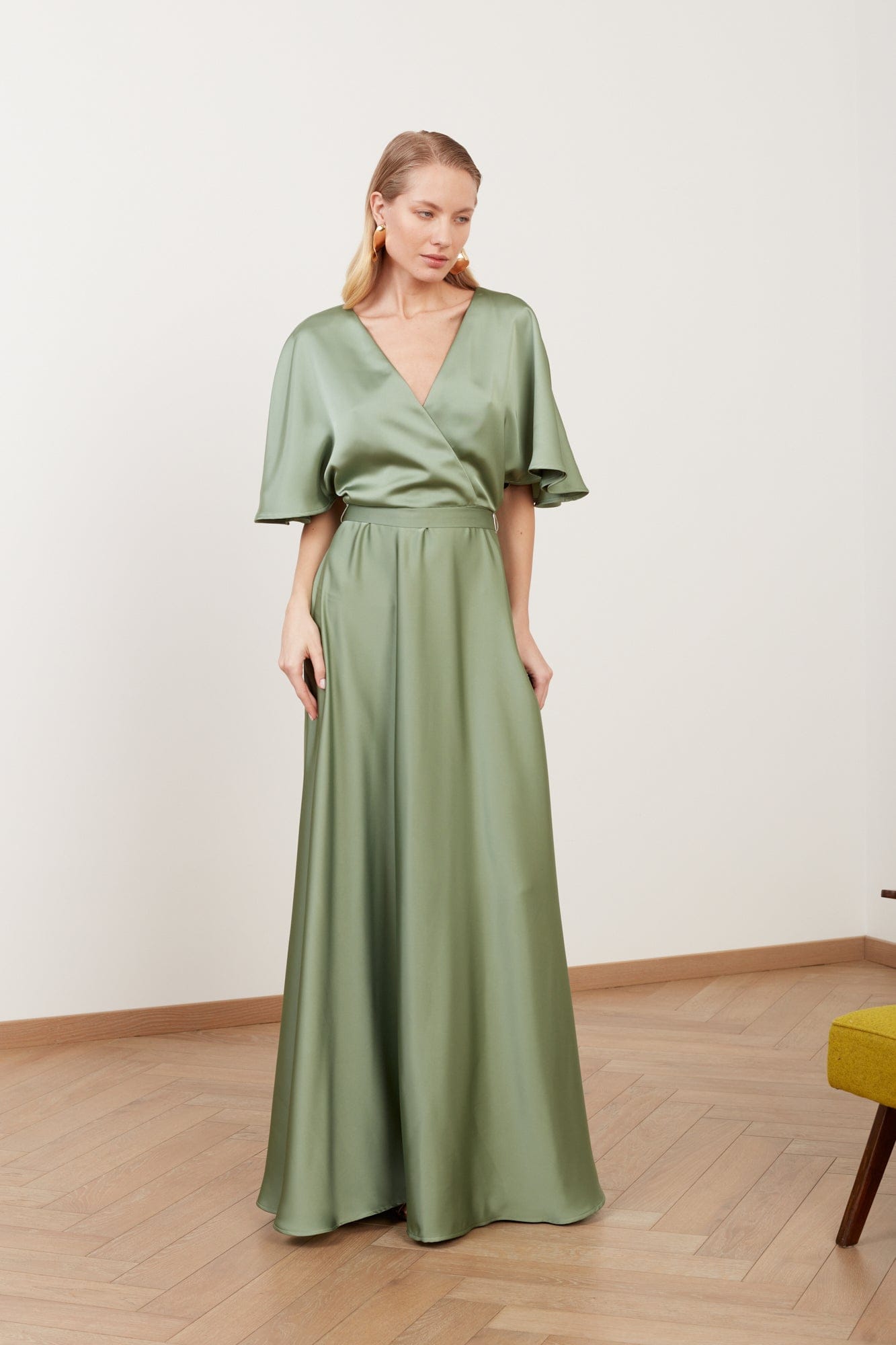SOLENE sage green satin long wedding guest dress made by UNDRESS