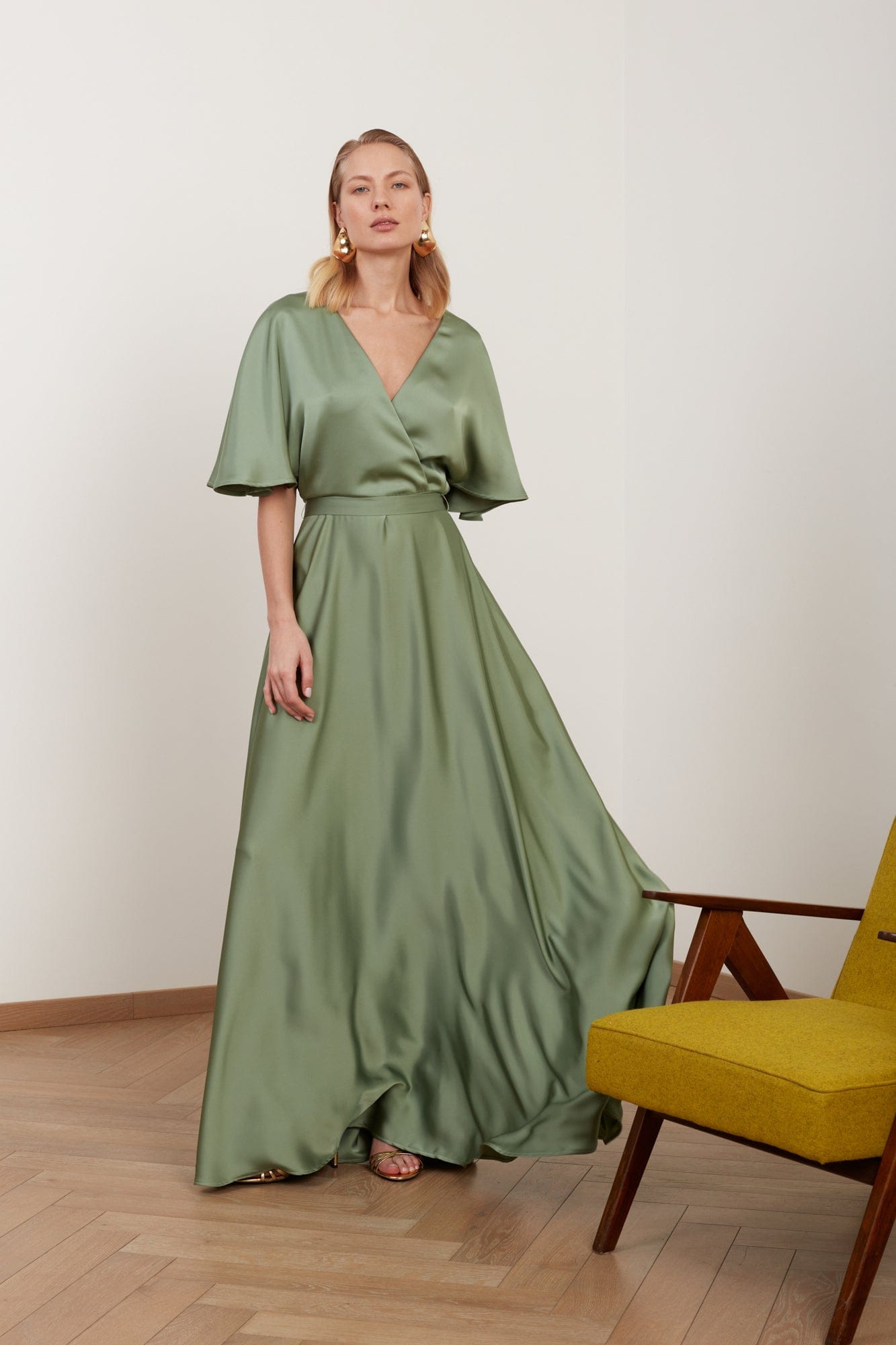 SOLENE sage green satin long wedding guest dress made by UNDRESS