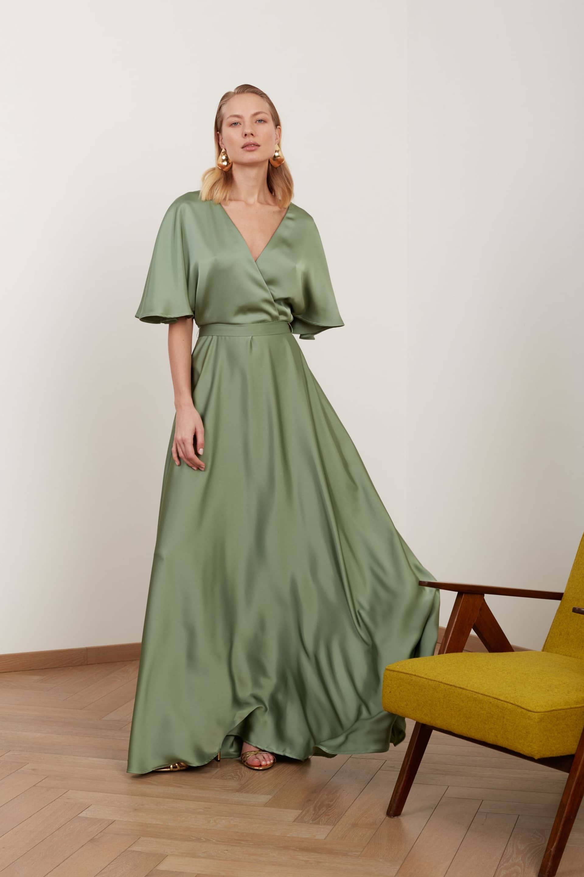 SOLENE sage green satin long wedding guest dress made by UNDRESS