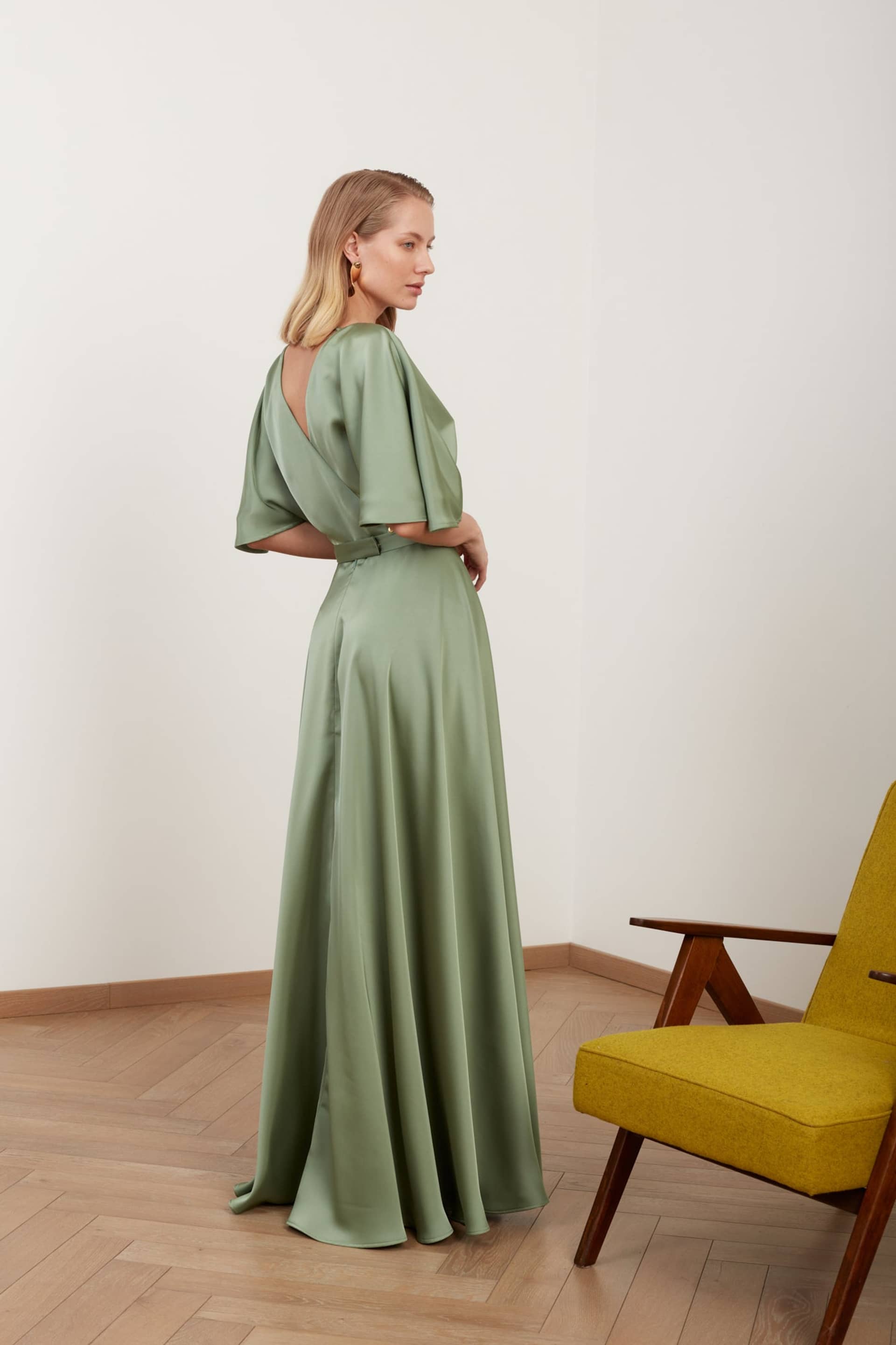 SOLENE sage green satin long wedding guest dress made by UNDRESS