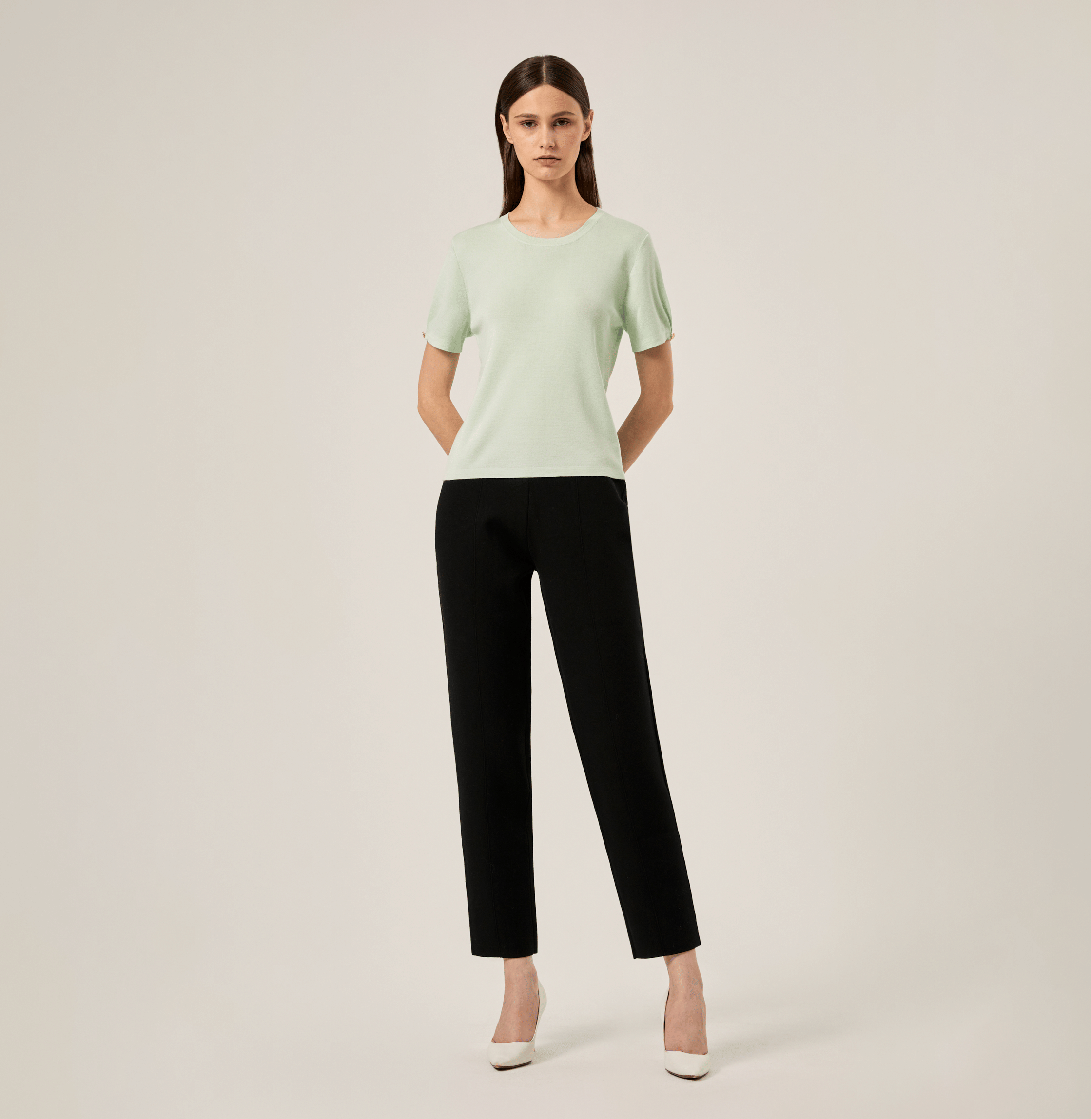 SILK CASHMERE CABLE-KNIT CREWNECK TOP in Green made by CRUSH Collection
