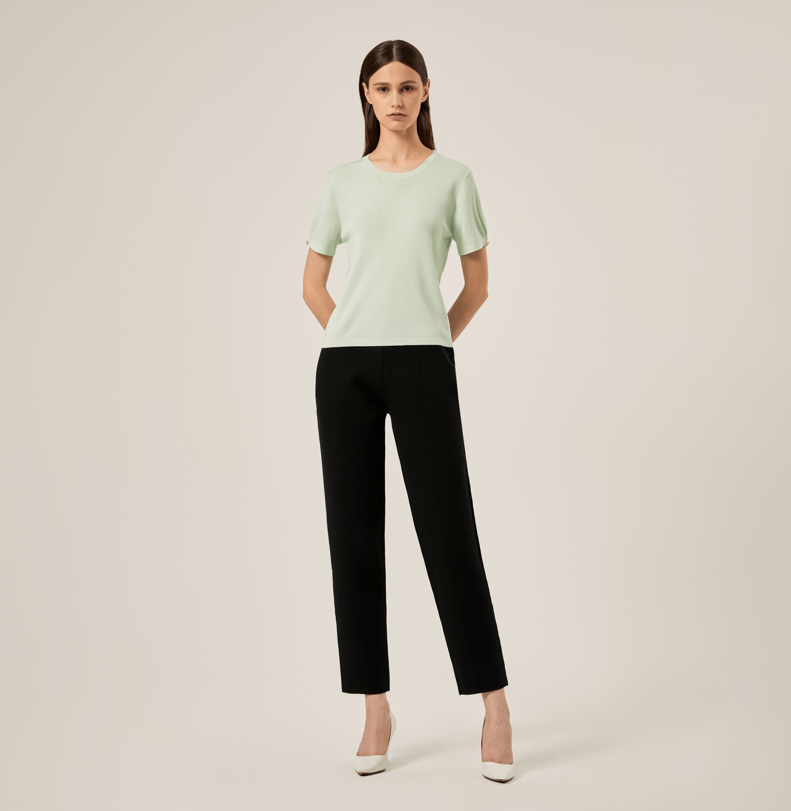 SILK CASHMERE CABLE-KNIT CREWNECK TOP in Green made by CRUSH Collection