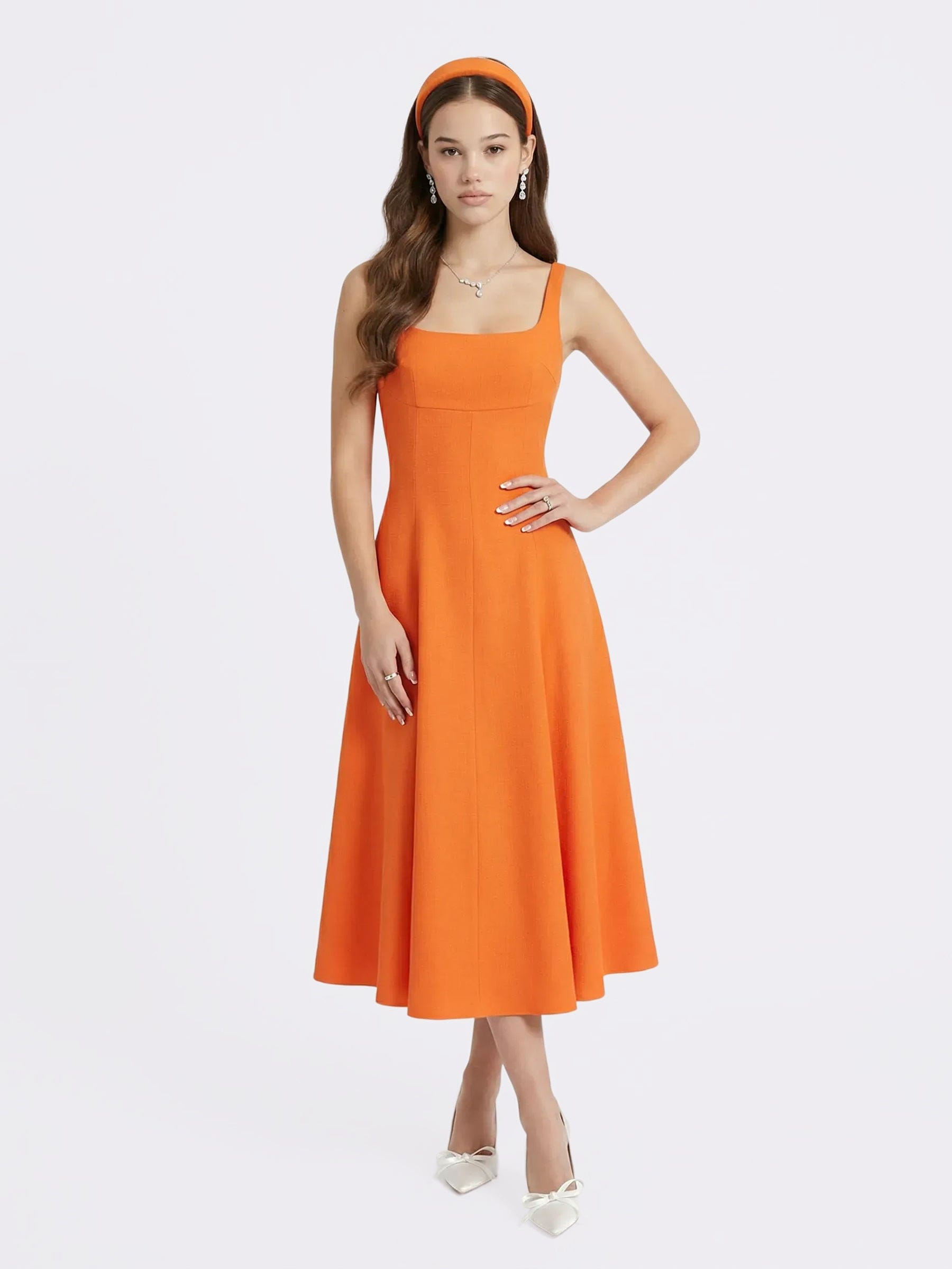Josephine Square-Neck Orange Midi Dress made by Nana Jacqueline