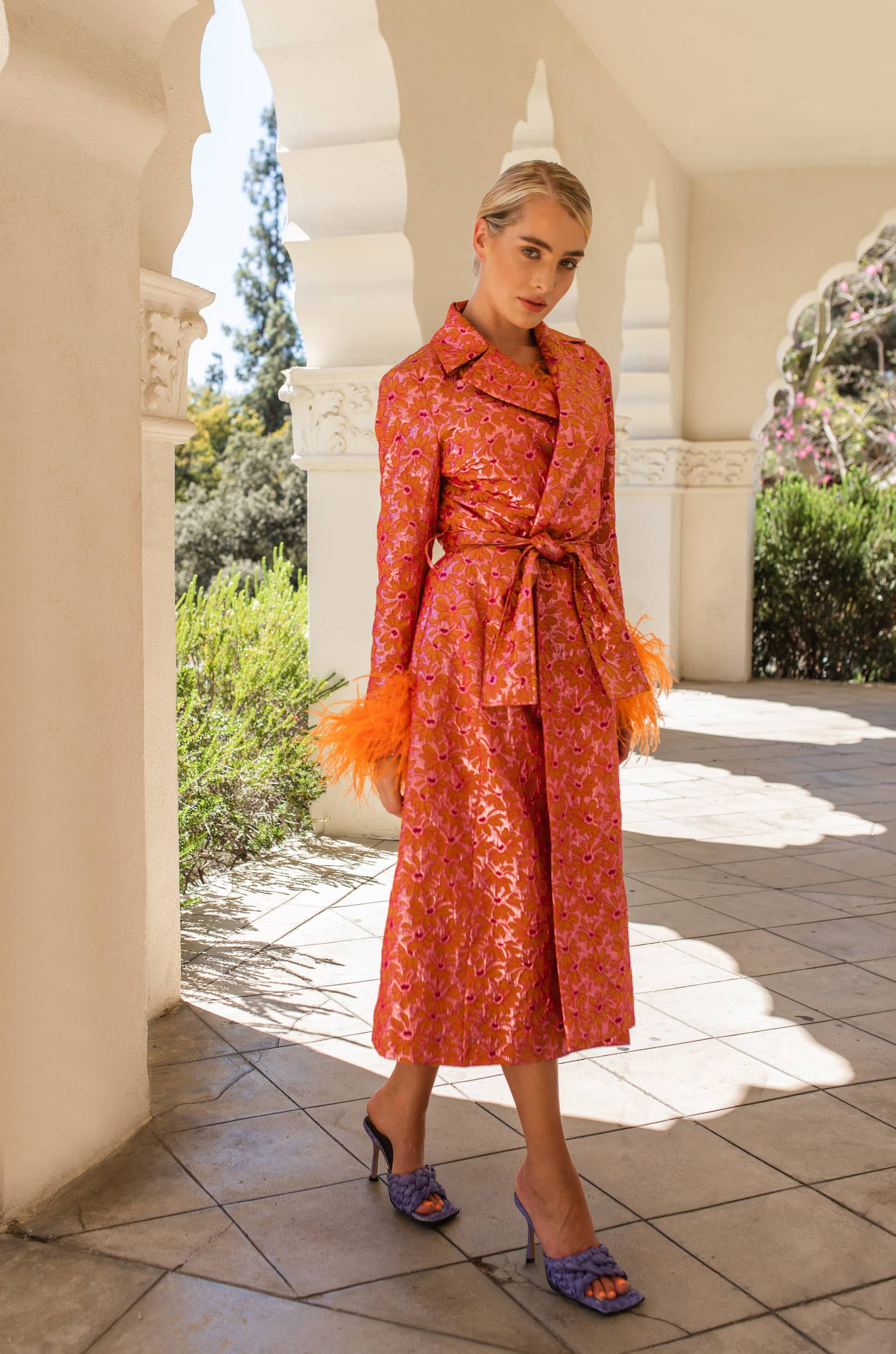 Red Jacqueline Coat №22 With Detachable Feathers Cuffs made by ANDREEVA