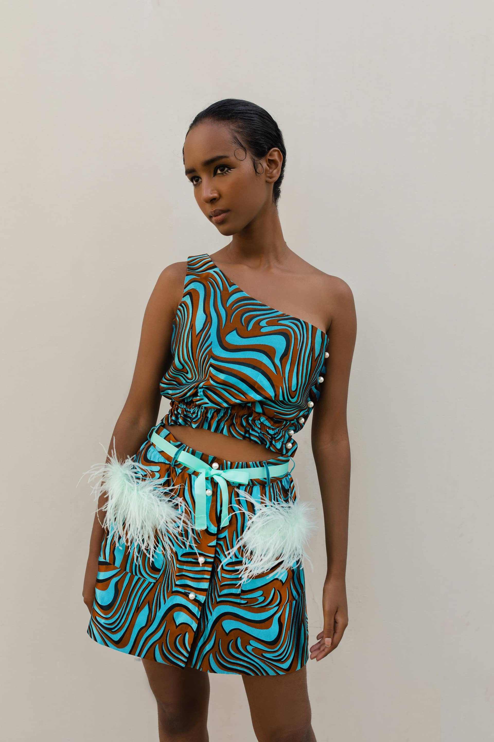 Mint Printed Mini Skirt With Feathers made by ANDREEVA