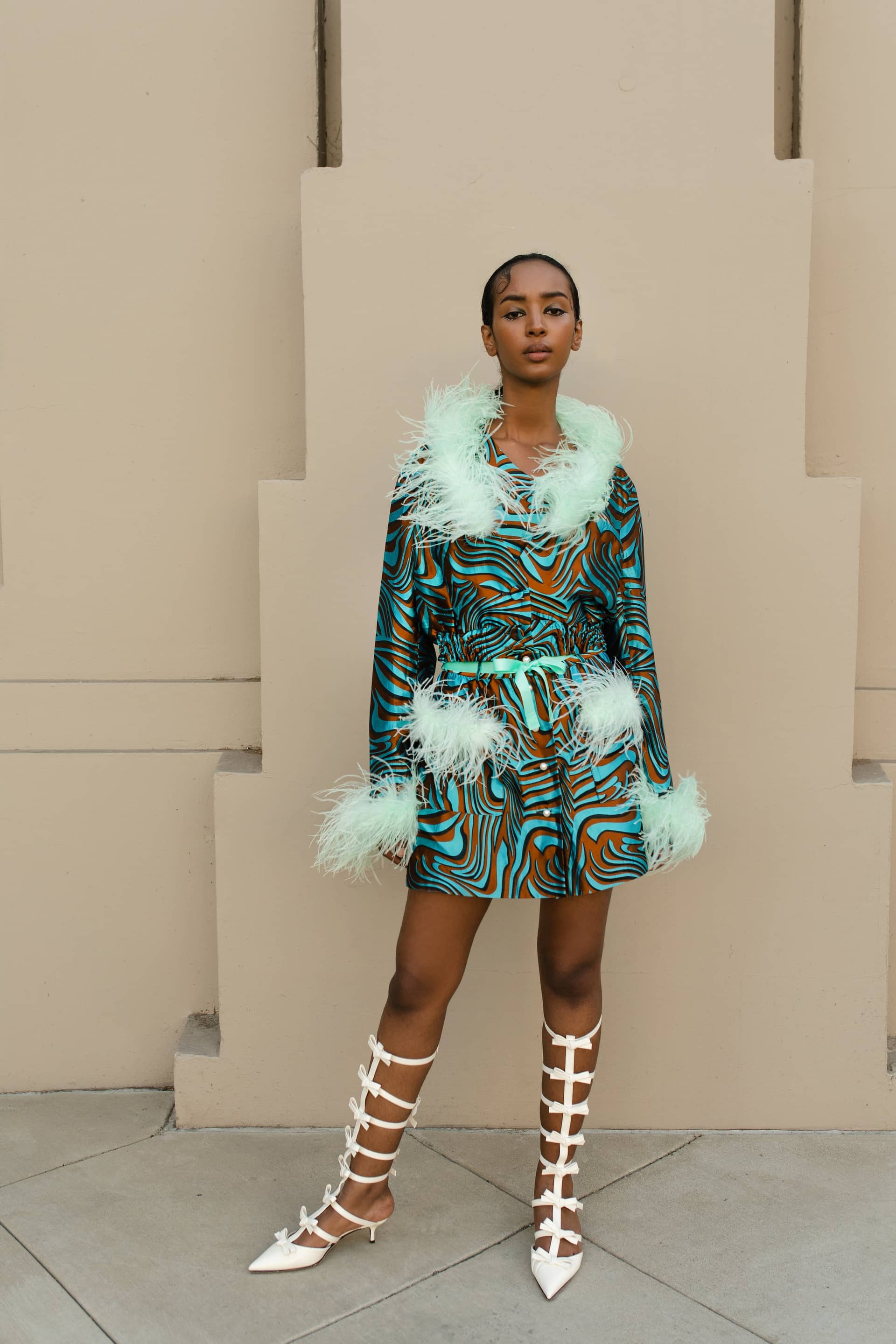 Mint Printed Mini Skirt With Feathers made by ANDREEVA