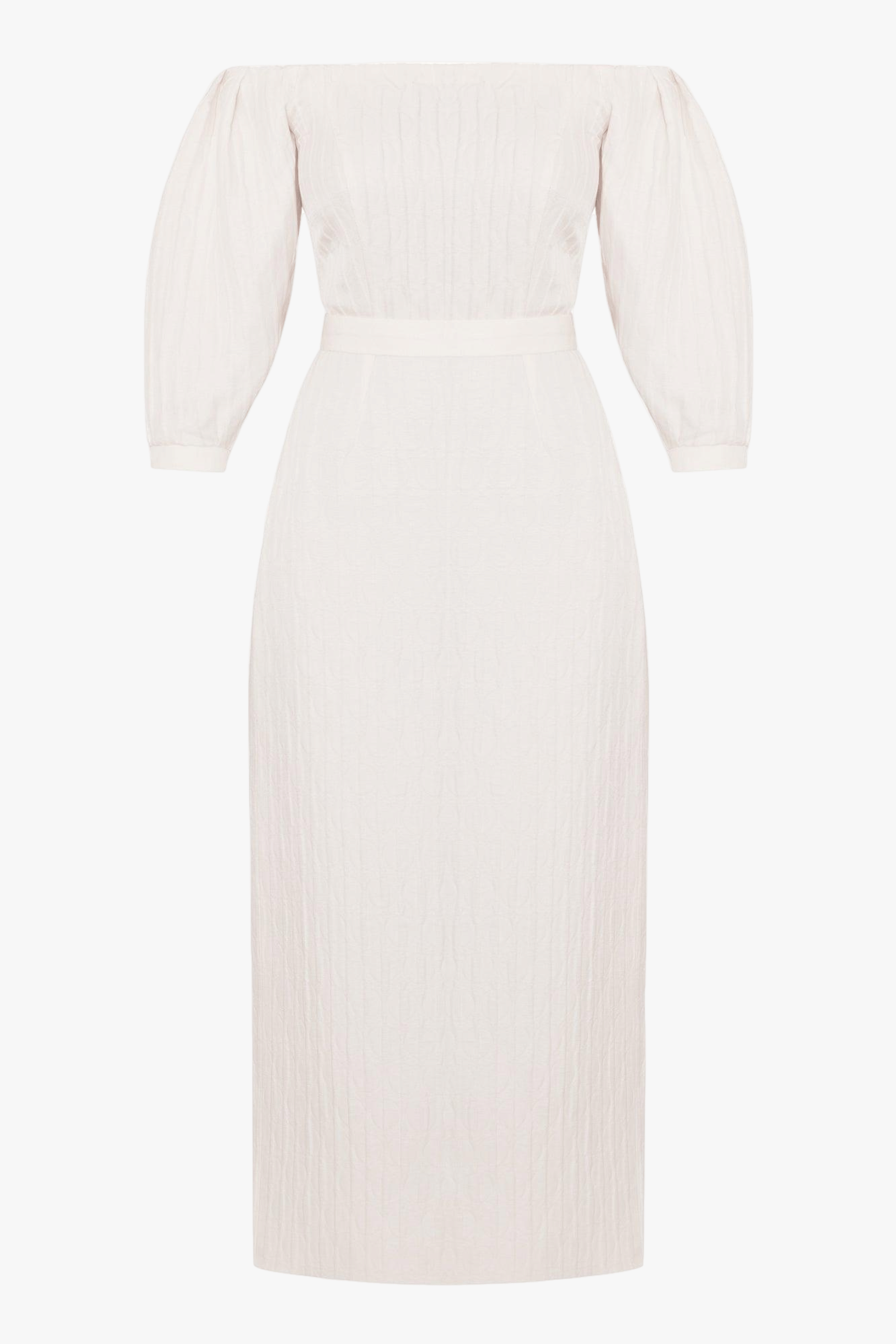 LIVA white textured silk open shoulder midi dress made by UNDRESS