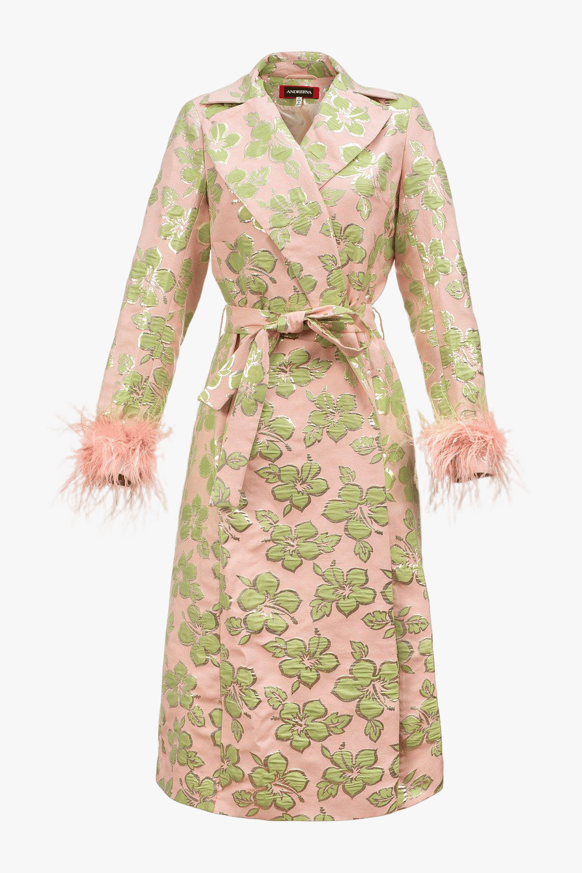 Pink Jacquard Coat №19 with detachable feather cuffs made by ANDREEVA