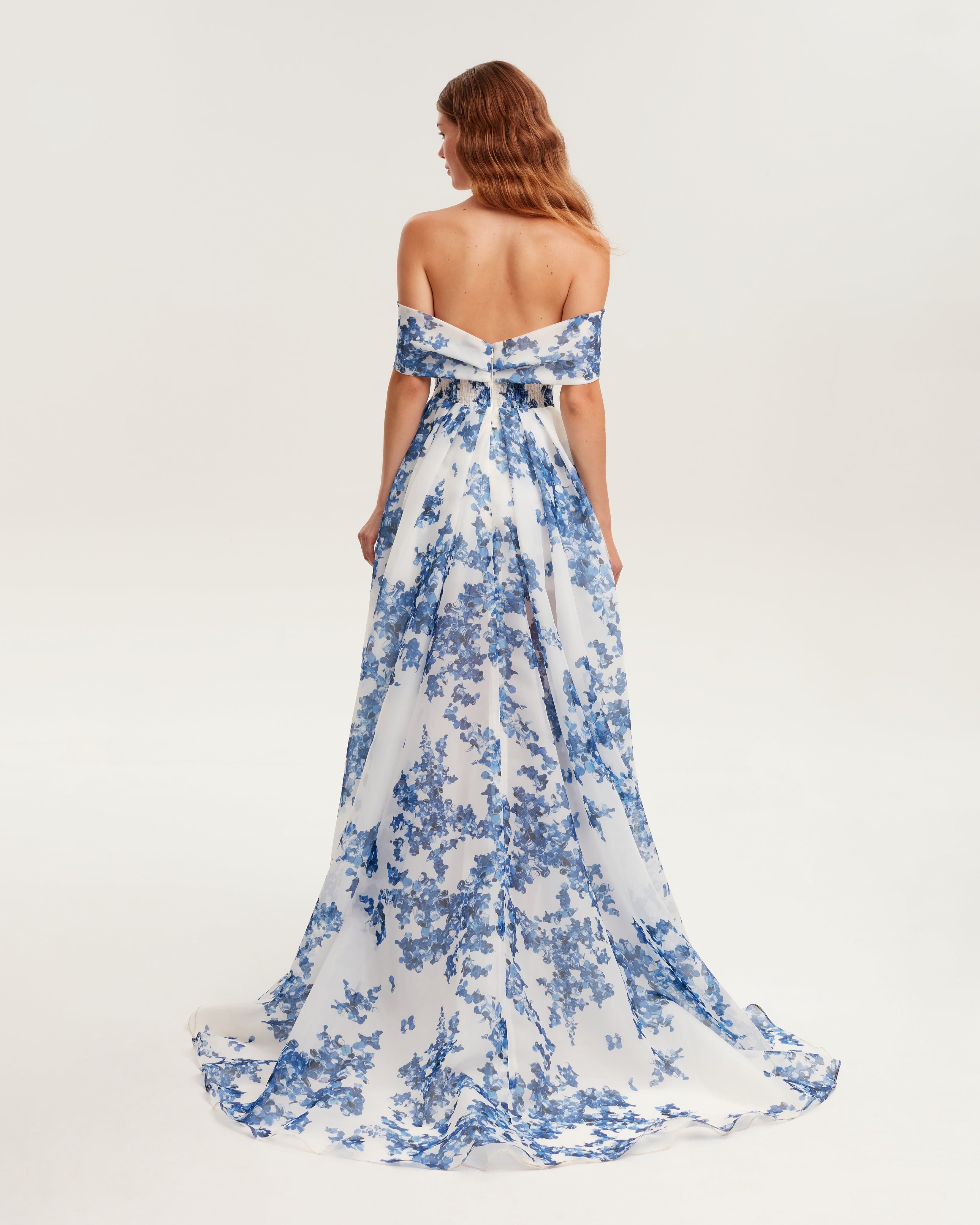Catchy off-the-shoulder blue hydrangea maxi dress, Garden of Eden made by Milla