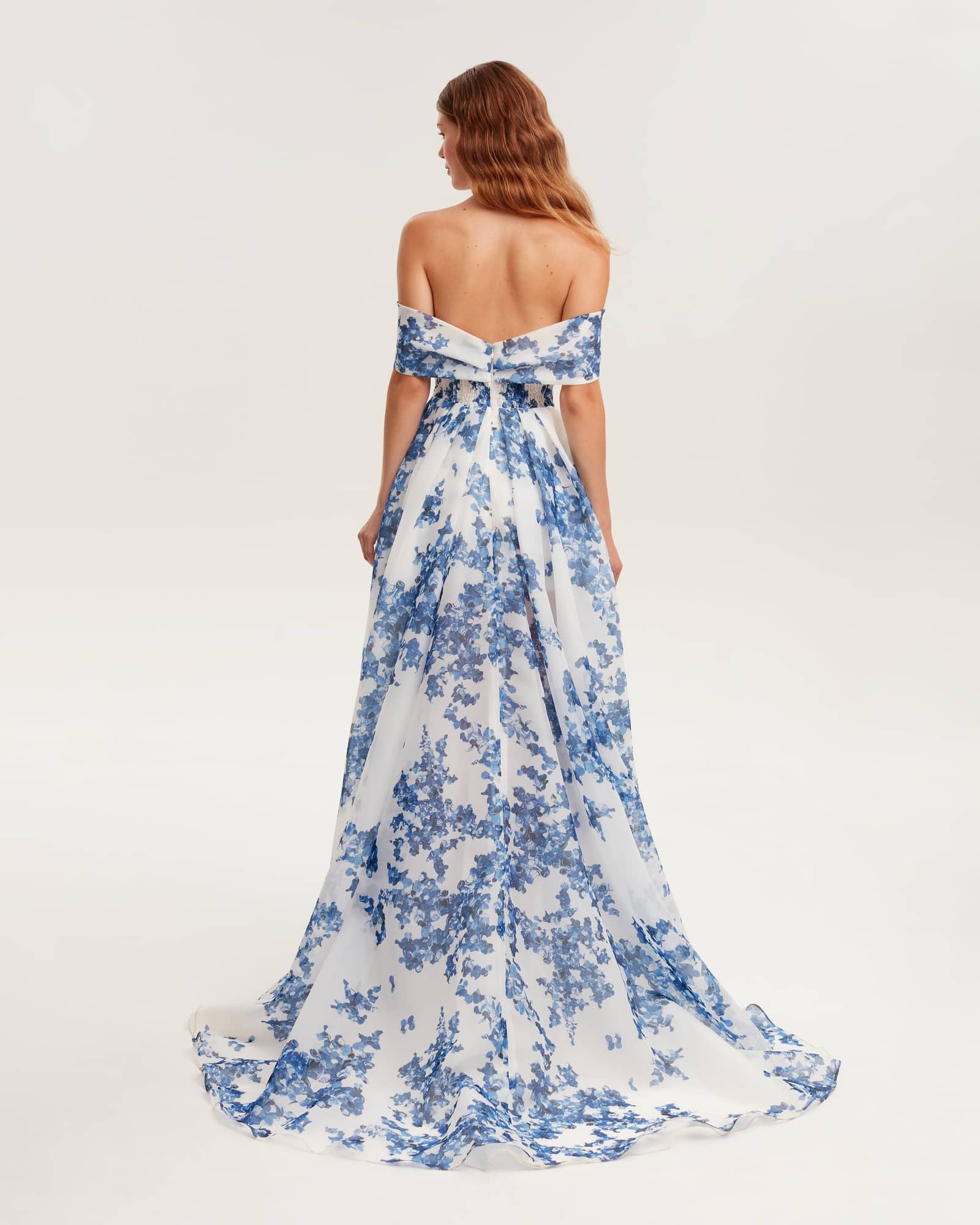 Catchy off-the-shoulder blue hydrangea maxi dress, Garden of Eden made by Milla