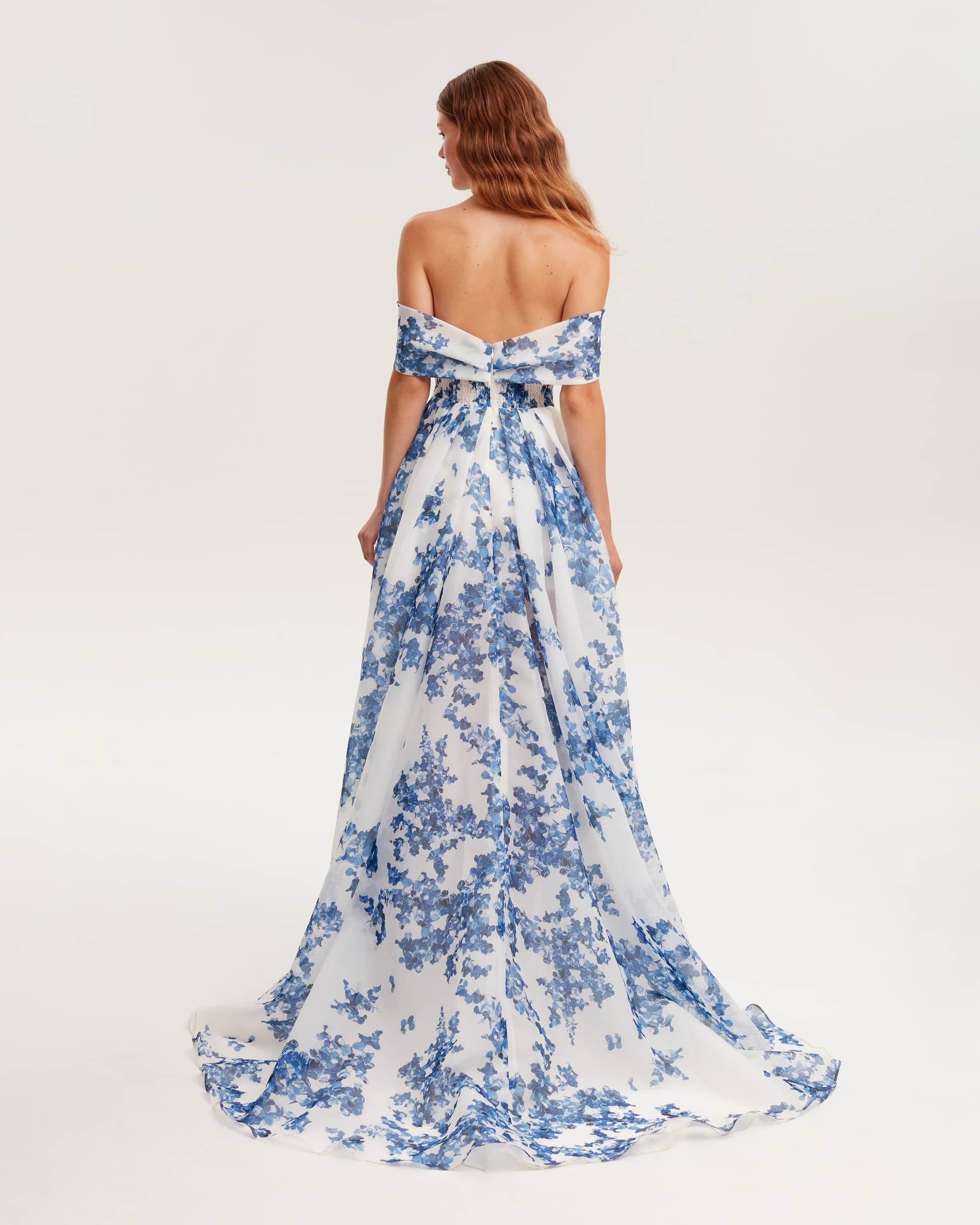 Catchy off-the-shoulder blue hydrangea maxi dress, Garden of Eden made by Milla