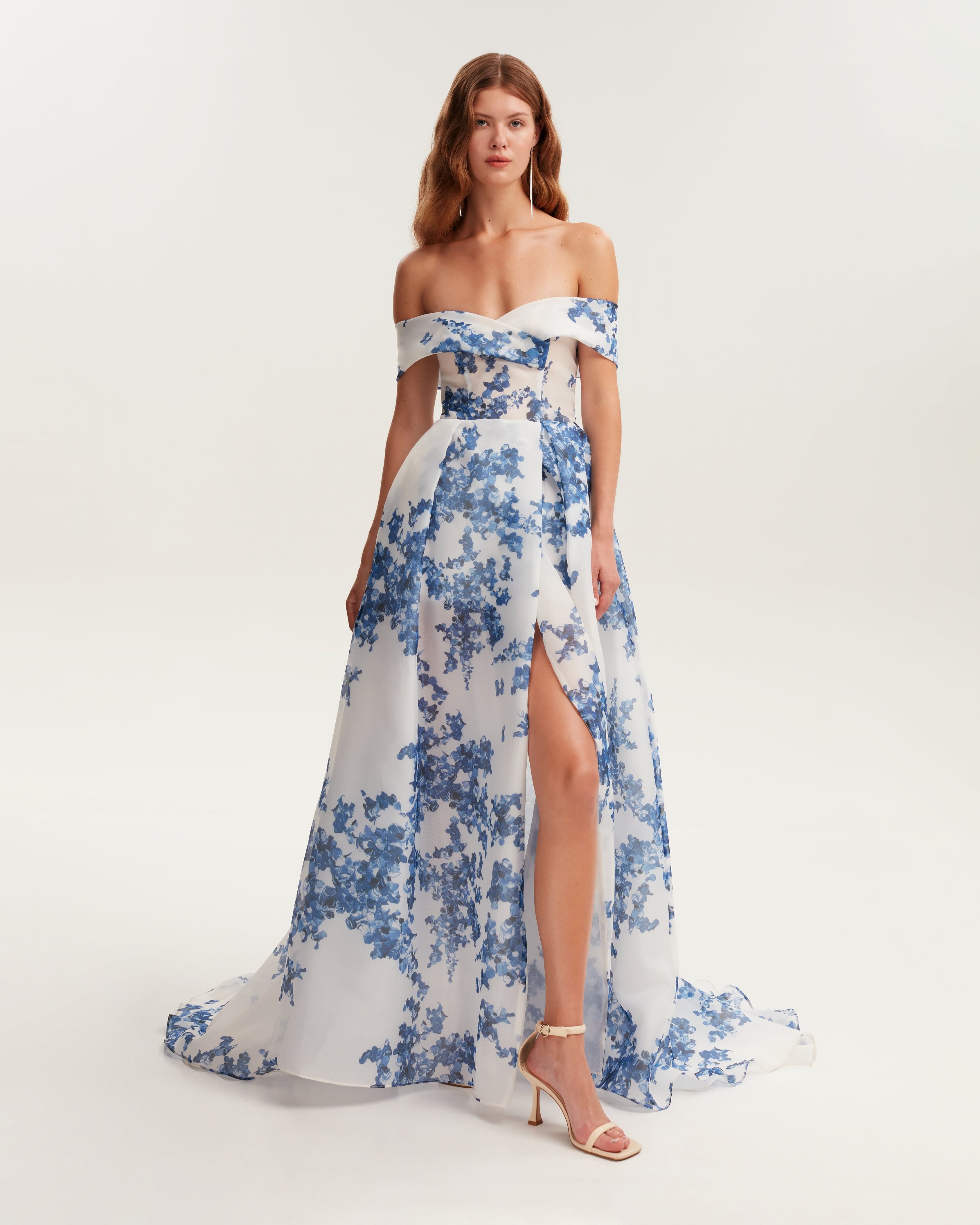 Catchy off-the-shoulder blue hydrangea maxi dress, Garden of Eden made by Milla